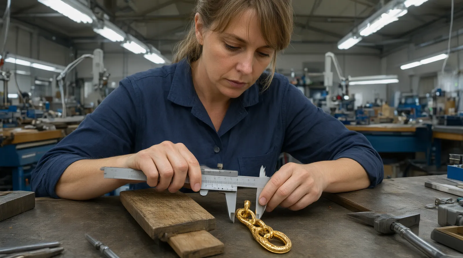 women's custom jewelry - An editorial photo of a quality control inspector using calipers to measure the exact thickness of a custom gold pendant link on a factory workbench in China