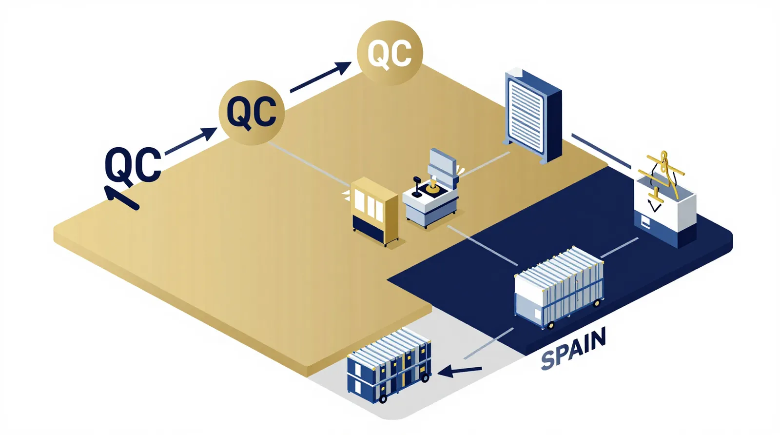 comprar al por mayor en china - Diagrama informativo que muestra el flujo de importación desde talleres en Hangzhou, China, pasando por el control de calidad, el despacho de aduanas en un puerto español como Valencia o Algeciras, hasta llegar a una tienda minorista o almacén DTC en España