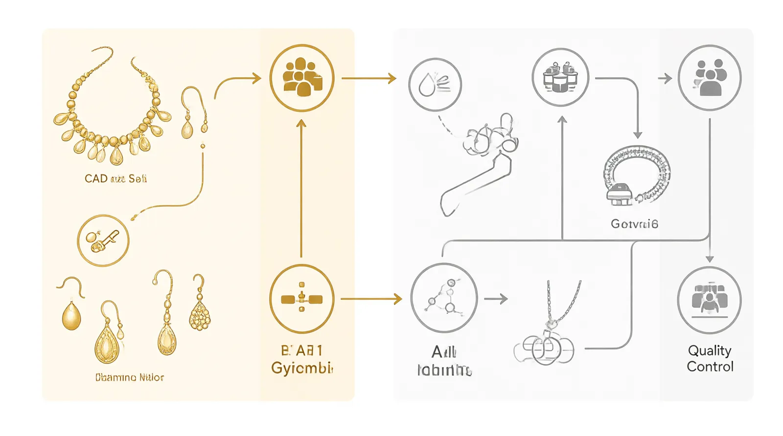 fabricant bijoux - Diagramme d'information montrant le flux de travail d'un fabricant bijoux, de la conception CAO au contrôle qualité avant expédition, avec les étapes clés annotées