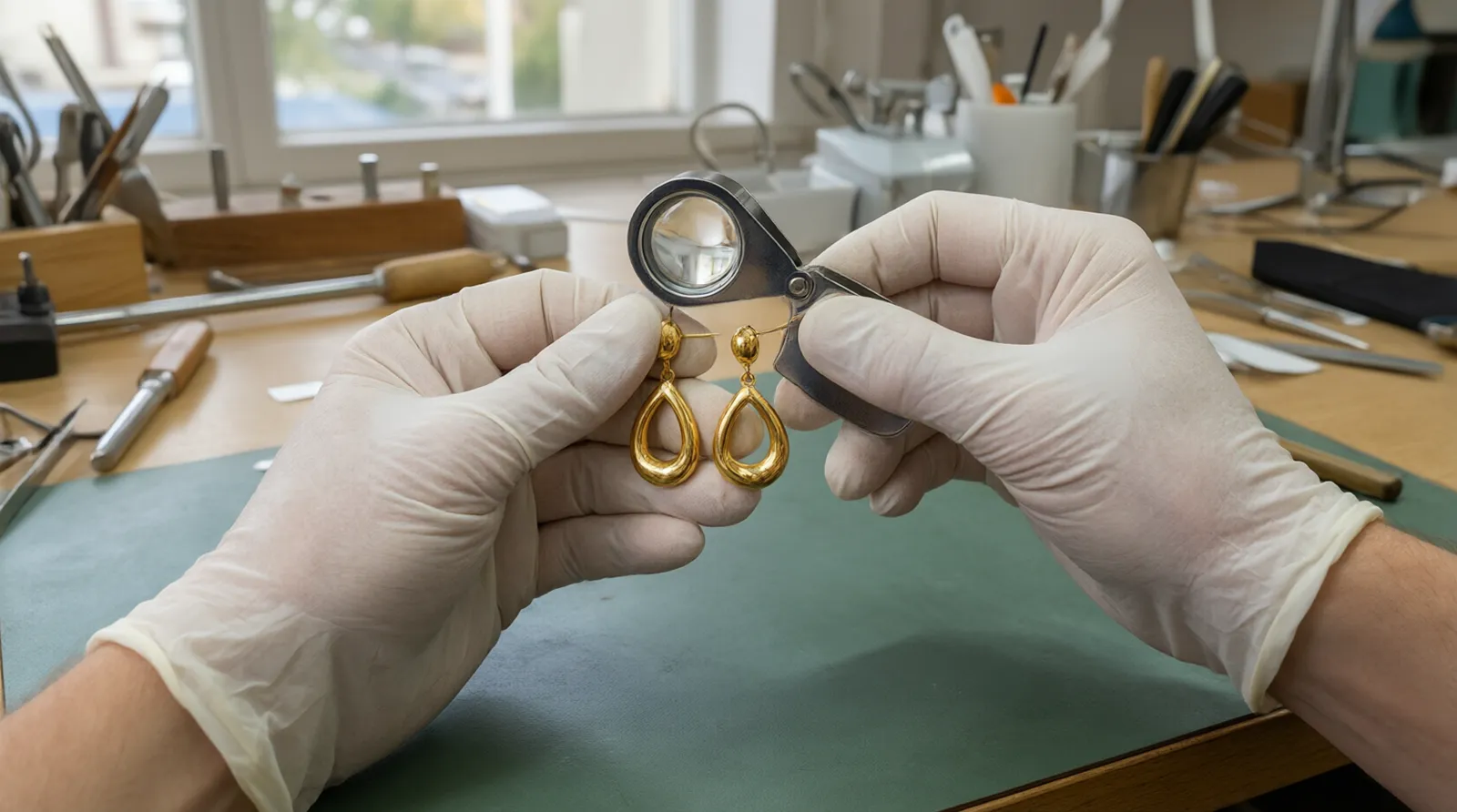 fabricant bijoux - Photographie photoréaliste d'une table de contrôle qualité dans un atelier de bijouterie, montrant des mains gantées inspectant des boucles d'oreilles pendantes plaquées or à la loupe