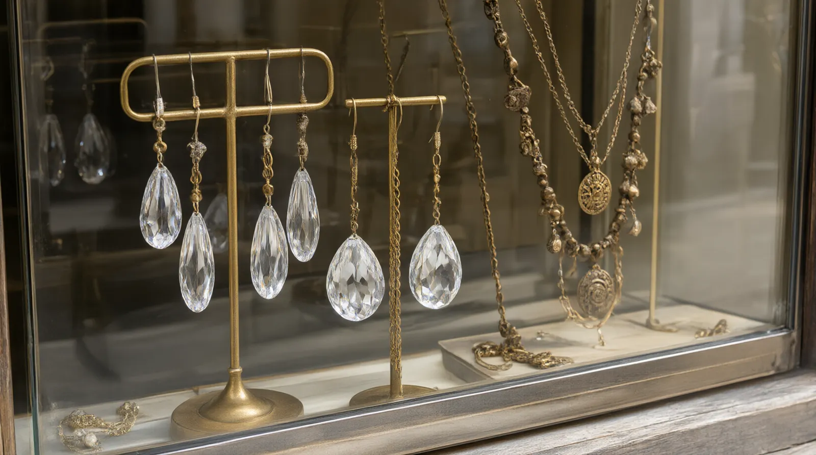 comprar al por mayor en china - Fotografía editorial de una boutique de accesorios en una calle comercial de Madrid, mostrando un expositor con pendientes de cristal y collares vintage importados, ilustrando el destino final de las compras al por mayor