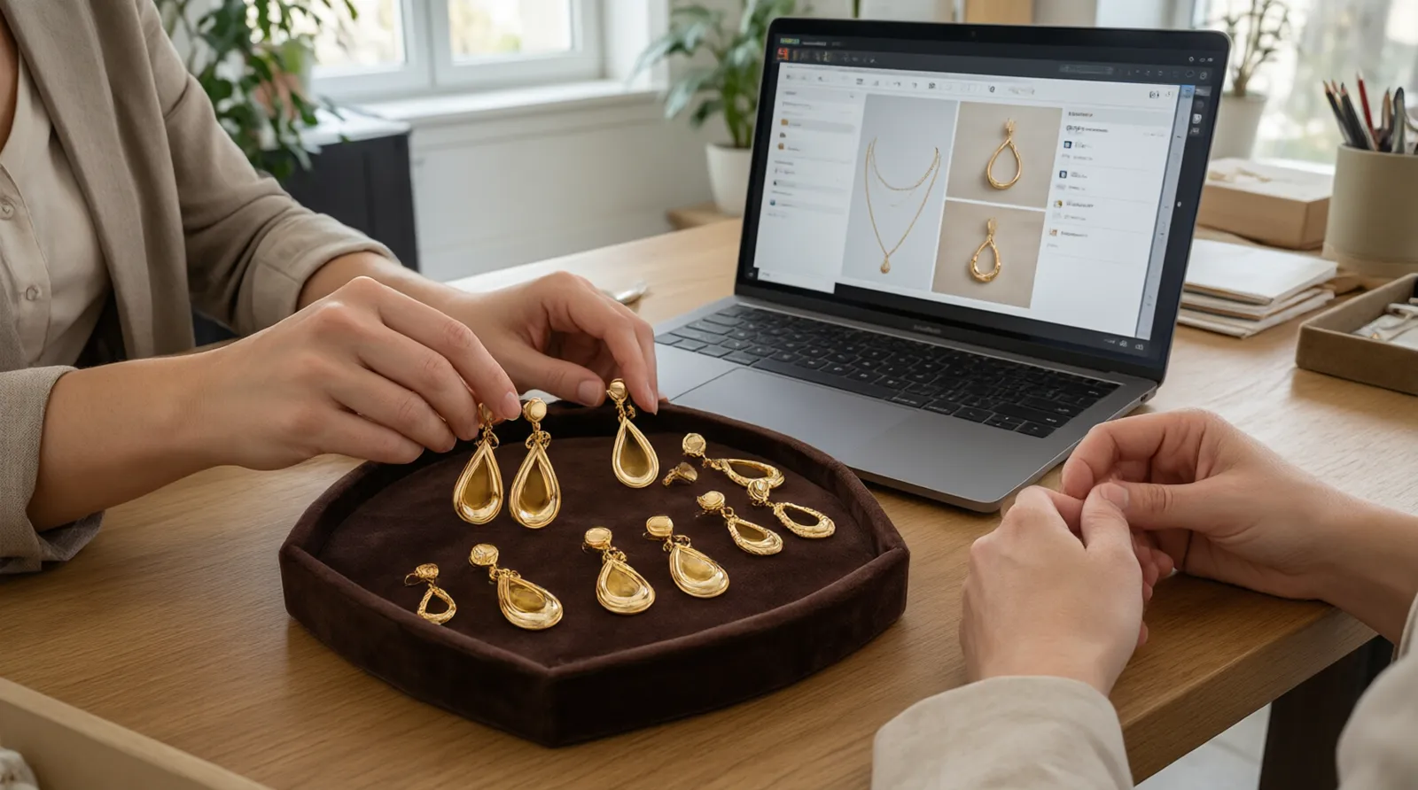 schmuck online - Fotorealistische Aufnahme eines Beschaffungsprozesses – ein Einkaufsteam vergleicht physische Muster von vergoldeten Tropfenohrringen aus China mit einem digitalen Produktkatalog auf einem Laptop