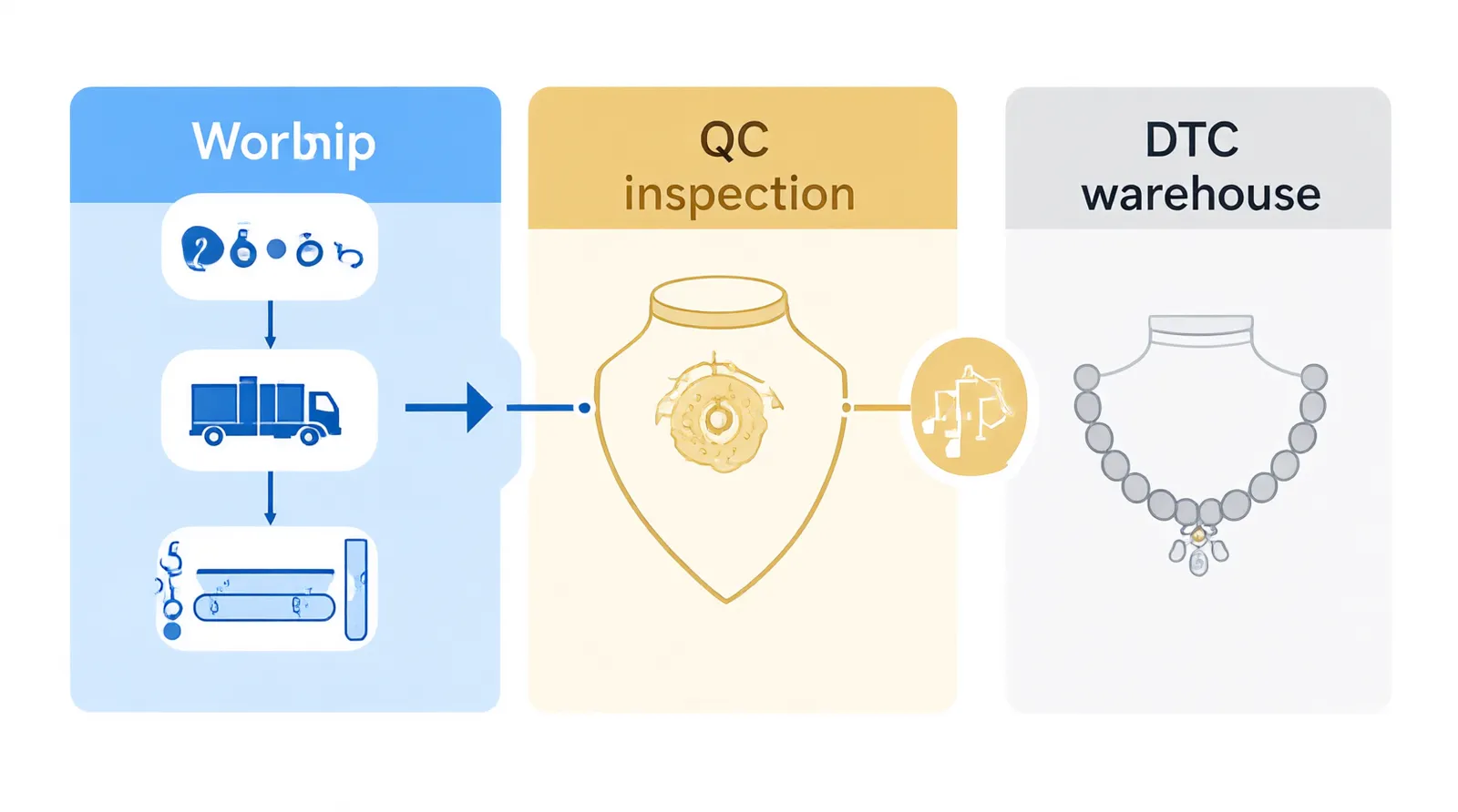 schmuck online - Informationsdiagramm, das den Lieferkettenprozess von der Werkstatt über die QC-Prüfung bis zum DTC-Lager in Europa oder den USA visualisiert, inklusive Übergabepunkten
