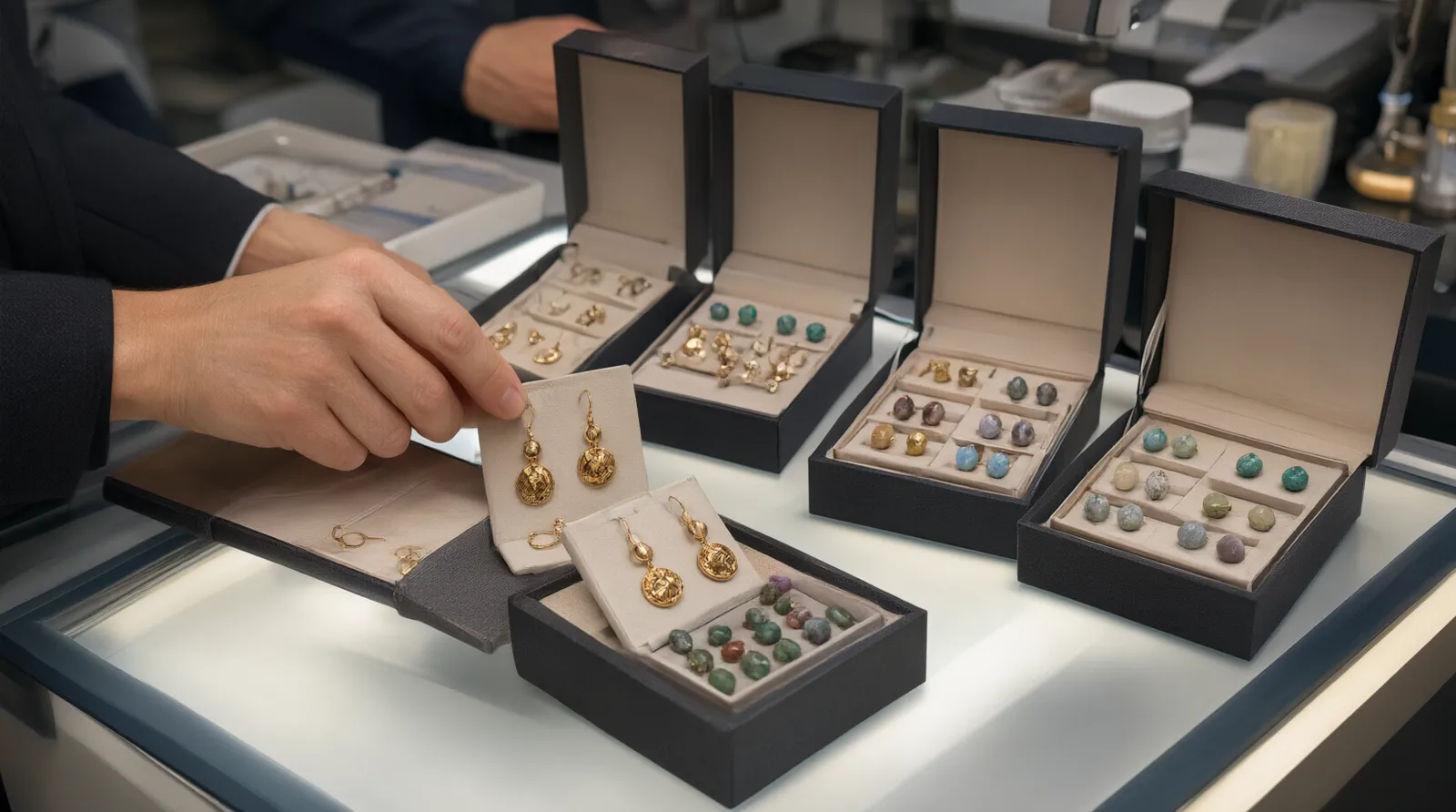 custom jewelry - Photorealistic scene showing a procurement manager comparing gold-plated copper drop earrings and natural stone stud earrings from different supplier sample boxes on a well-lit inspection table