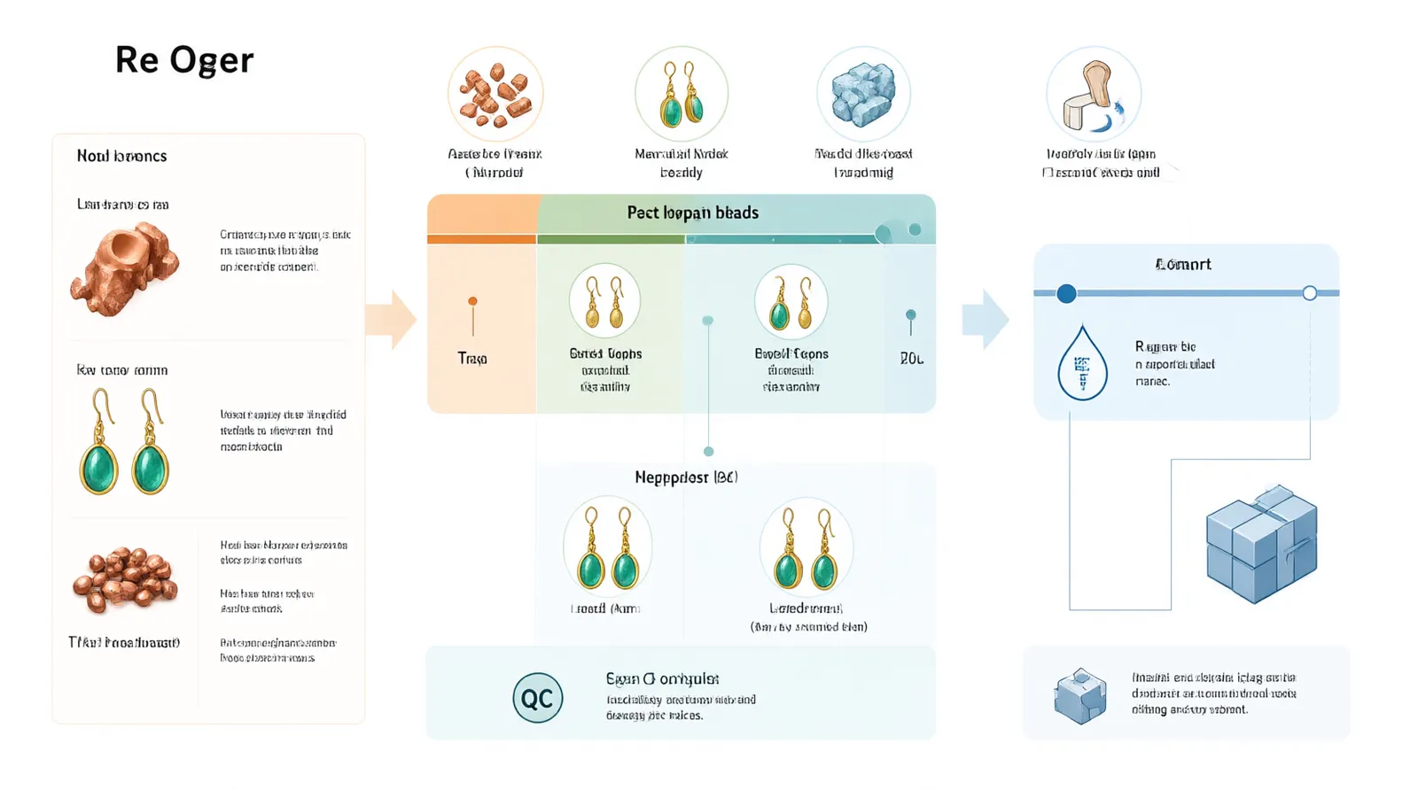 custom jewelry - Informational diagram mapping the supply chain journey of custom OEM earrings from raw copper and glass beads in a Hangzhou workshop to final QC inspection and export packaging