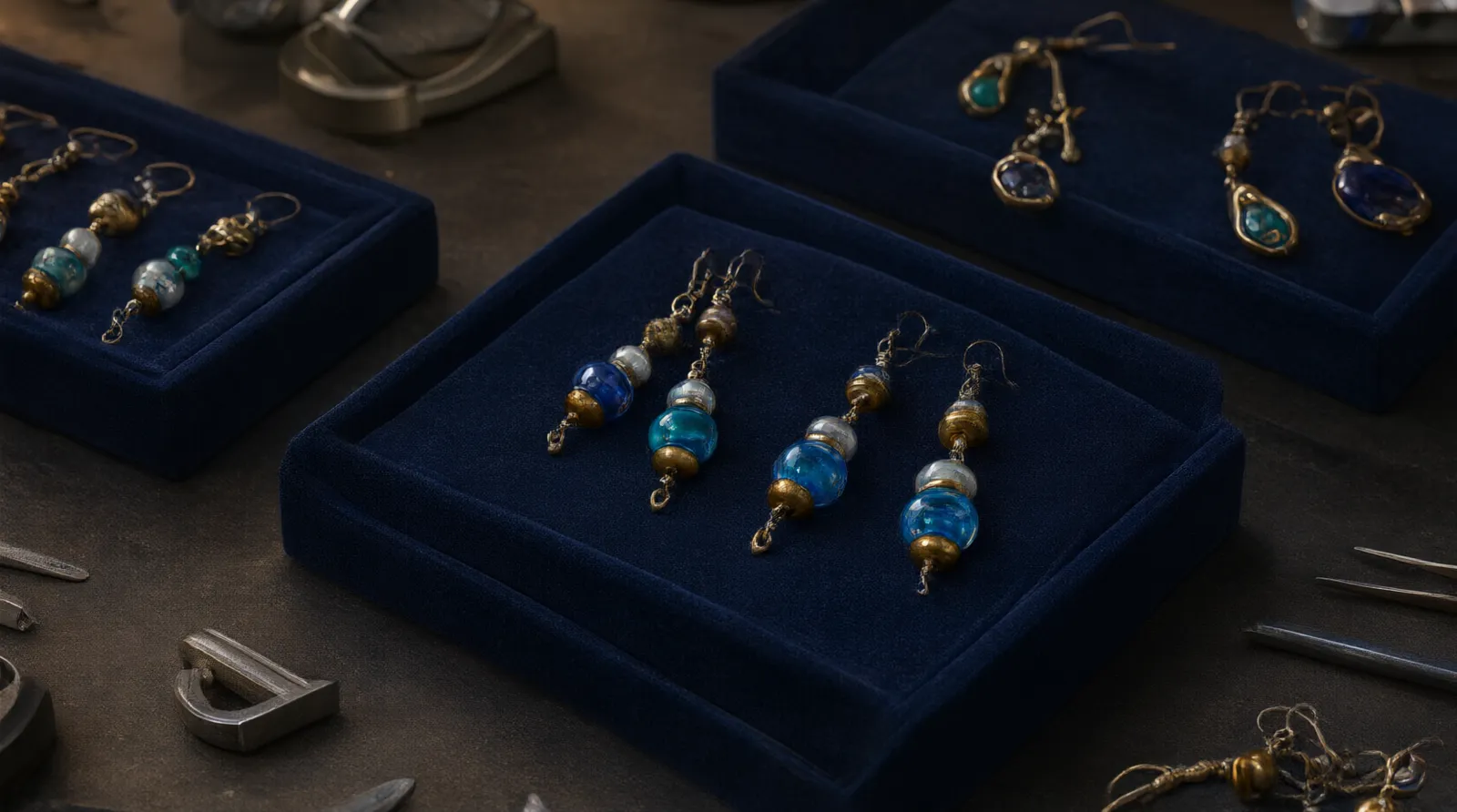 bijoux espagne - Photographie éditoriale montrant un étalage professionnel de boucles d'oreilles pendantes et de parures en perles de verre bicolores de style ibérique, disposées sur des présentoirs en velours pour une inspection qualité avant expédition