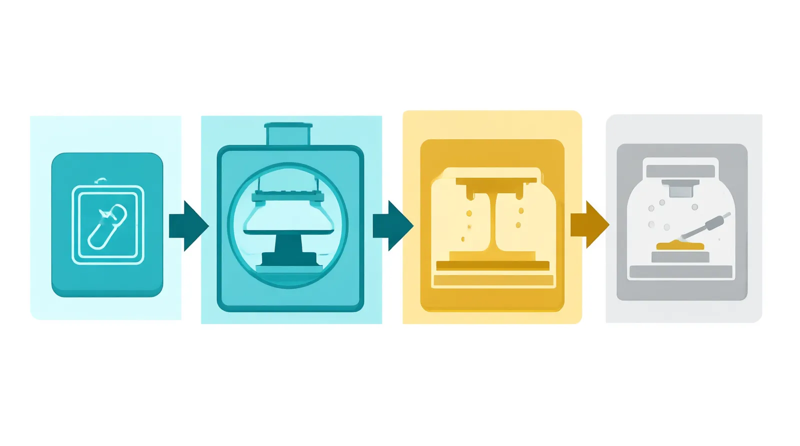 what is pvd gold - Clean flat-design infographic showing the four sequential stages of the PVD gold coating process inside a vacuum chamber, distinct teal, gold, and gray color zones, simple icons representing ultrasonic cleaning, vacuum sealing, atomic deposition, and final inspection, white background