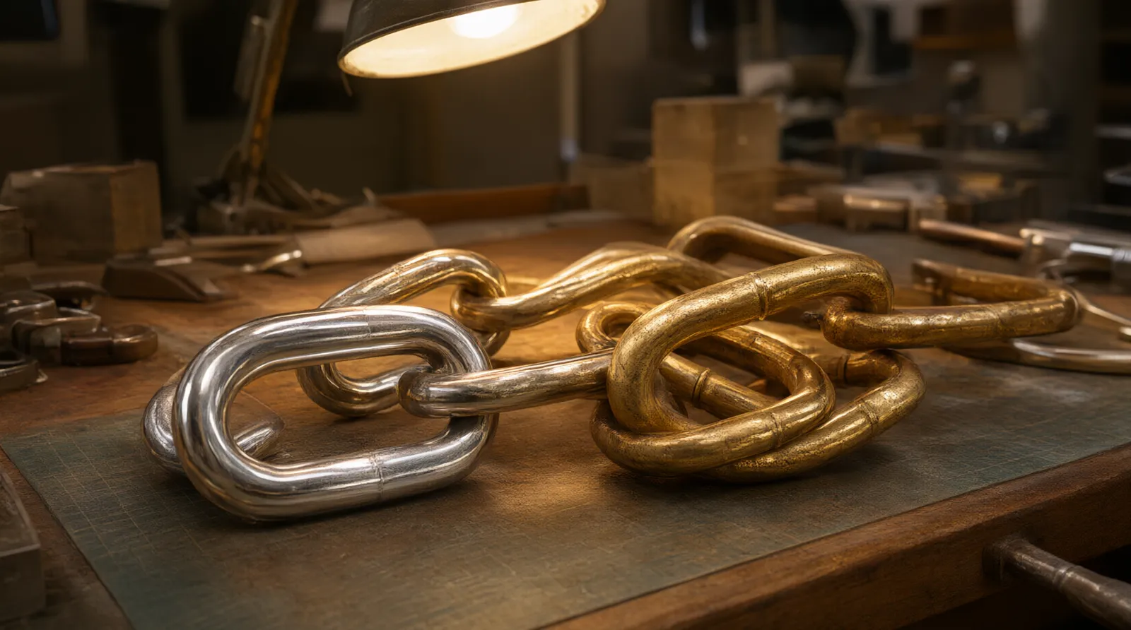 what is pvd gold - Editorial conceptual photo of a jeweler's workspace showing two identical PVD gold stainless steel chain links side-by-side under a warm desk lamp, one freshly manufactured and one visibly worn from years of use yet retaining its gold tone, illustrating durability comparison, authentic environment