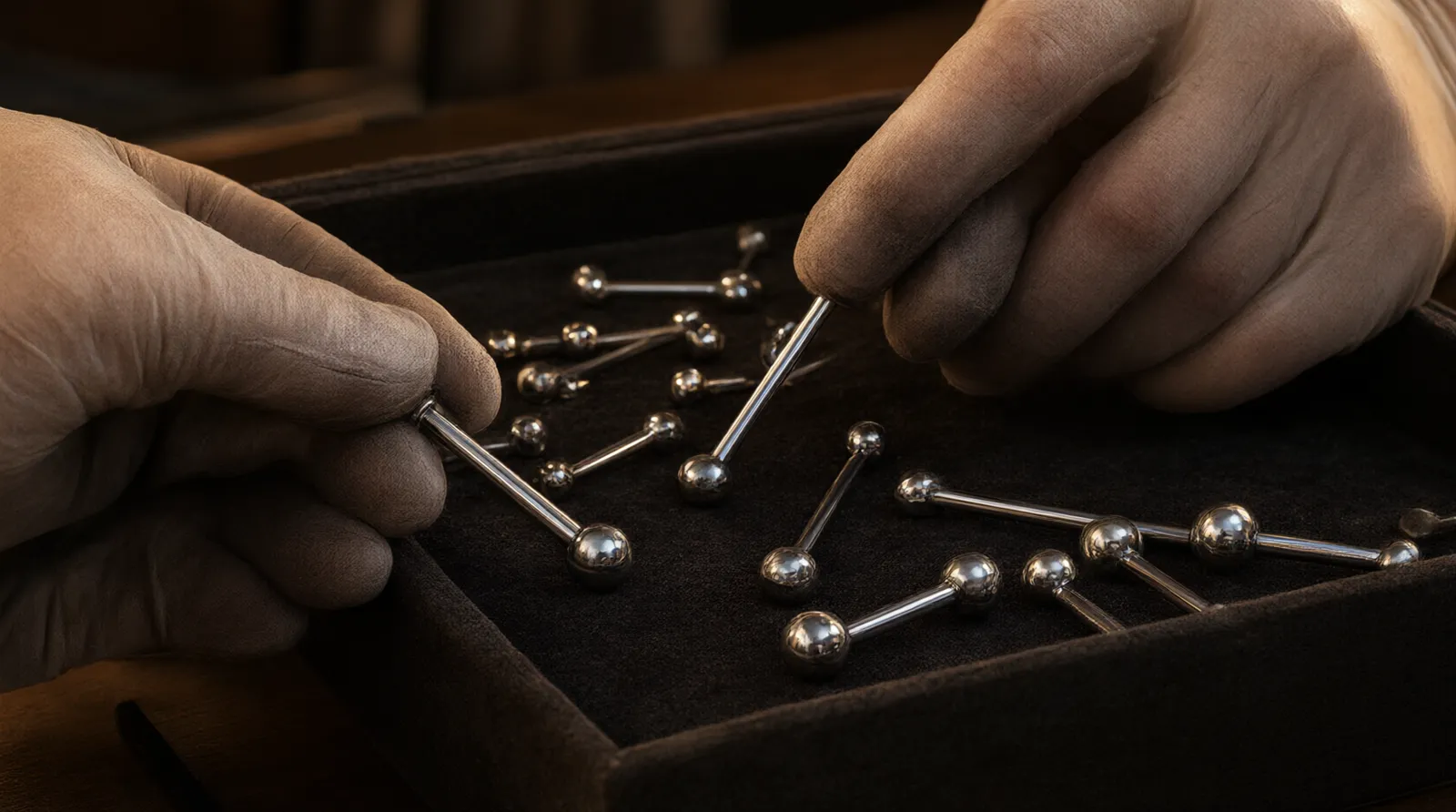 zungenpiercing schmuck - Photorealistic close-up of a professional jeweler's hands inspecting polished metal tongue piercing barbells and decorative tops on a dark velvet tray under warm studio lighting, shallow depth of field highlighting material texture