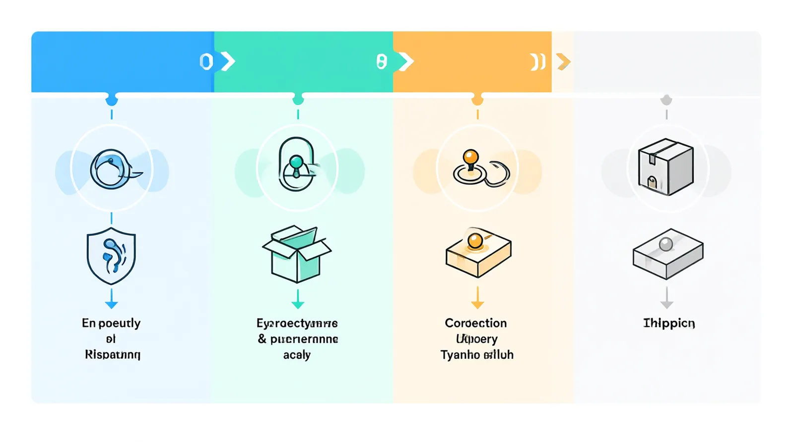 zungenpiercing schmuck - Clean flat-design infographic showing the procurement workflow for body jewelry, with four distinct color-coded stages: Material Sourcing, Quality Inspection, Packaging, and Global Shipping, featuring simple icons for each step on a white background