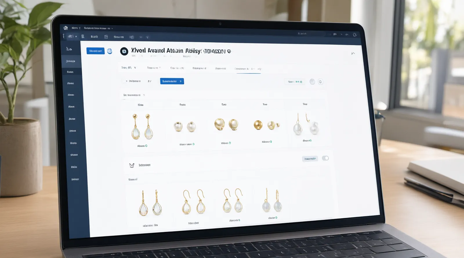 أقراط أذن - واجهة مستخدم توضيحية (UI Mockup) تظهر لوحة تحكم للمشتري تحتوي على فلاتر لاختيار نوع أقراط أذن (متدلية، دبوسية)، المادة (نحاس مطلي، خرز زجاجي)، وخيارات الشحن والدفع المتاحة
