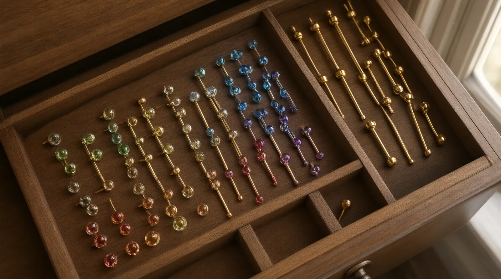 zungenpiercing schmuck - Editorial conceptual photo showing a neatly organized wooden drawer insert containing various tongue piercing jewelry pieces—gold-plated barbells, glass bead tops, and rhinestone attachments—arranged by color gradient, soft natural window light illuminating the textures