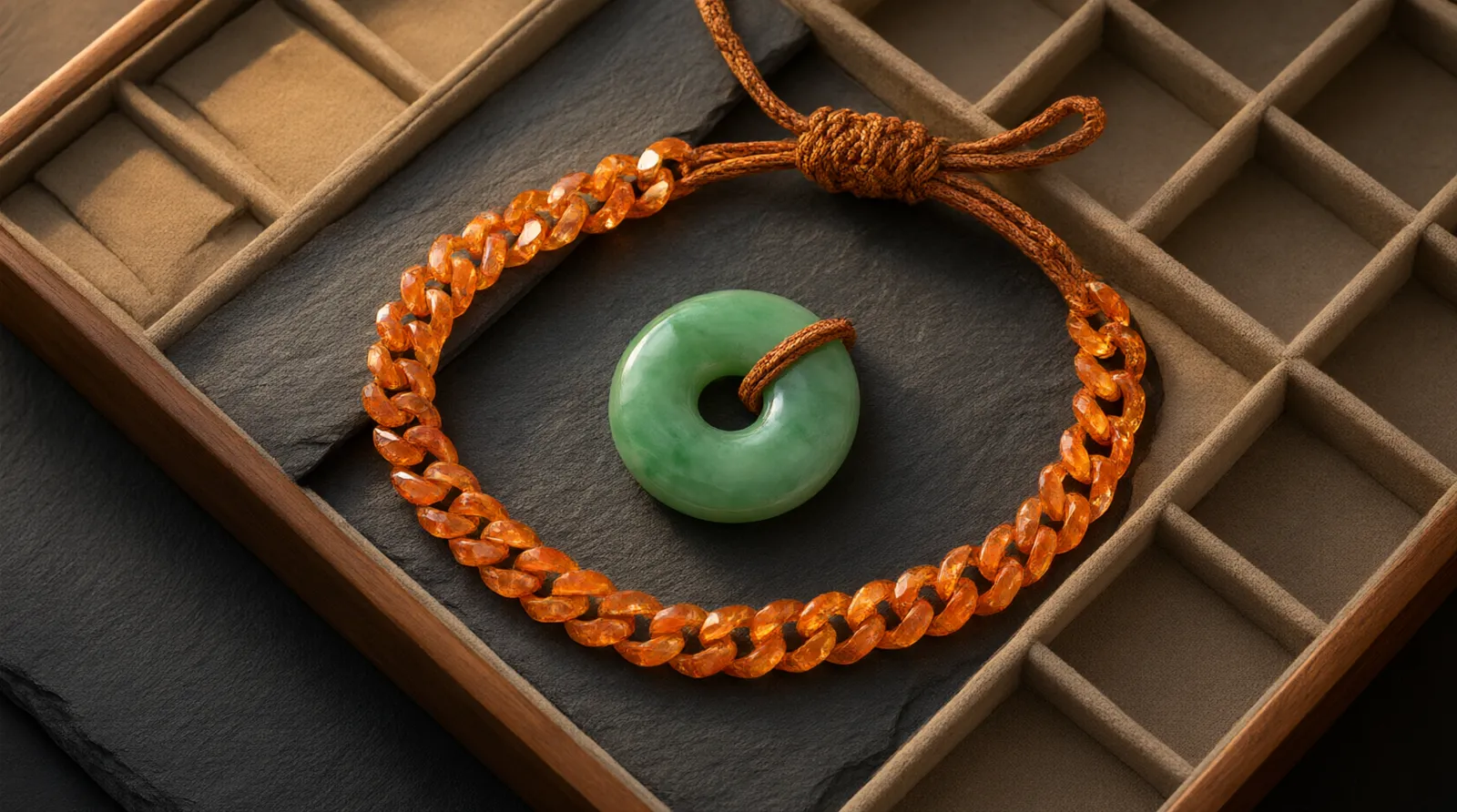 bracelet china - Photorealistic top-down shot of a jeweler's sorting tray containing three distinct bracelets—a green jade peace buckle style, an orange vintage gemstone Cuban chain, and a knotted traditional cord piece—resting on dark slate under warm directional studio lighting, shallow depth of field highlighting the stone textures and metal links