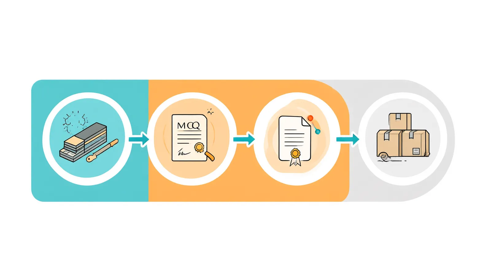 bracelet china - Clean flat-design infographic showing a four-step procurement workflow for sourcing a bracelet from china, featuring distinct teal, orange, and gray color zones with simple icons representing Material Verification, MOQ Negotiation, Sample Approval, and Freight Logistics on a white background