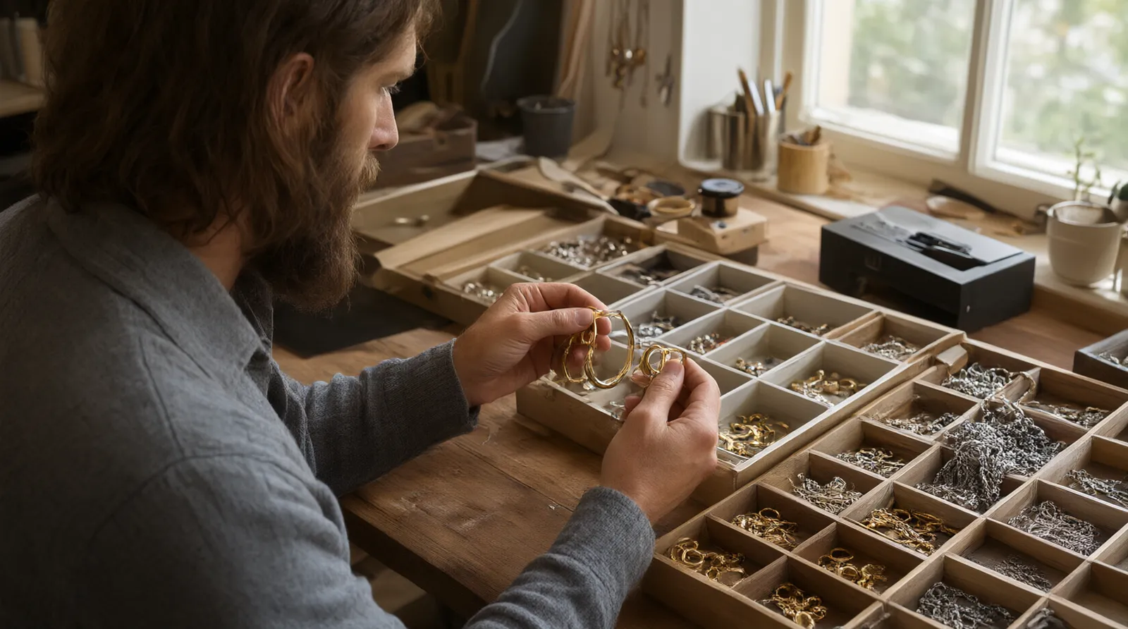 wholesale priced jewelry - Photorealistic over-the-shoulder shot of a procurement manager reviewing a physical tray of gold-filled hoop earrings and sterling silver chains on a wooden sorting table, natural window light, shallow depth of field, documentary photography style