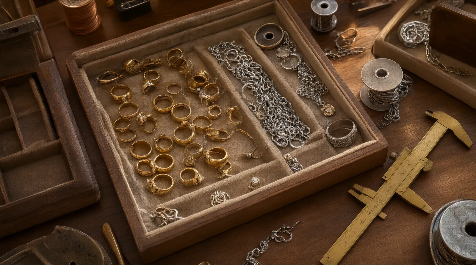 wholesale priced jewelry - Top-down editorial photo of a jeweler's workspace featuring open velvet trays holding finished gold-tone rings and sterling silver chain spools, alongside a printed purchase order and a brass caliper measuring a clasp, natural warm lighting, authentic working environment