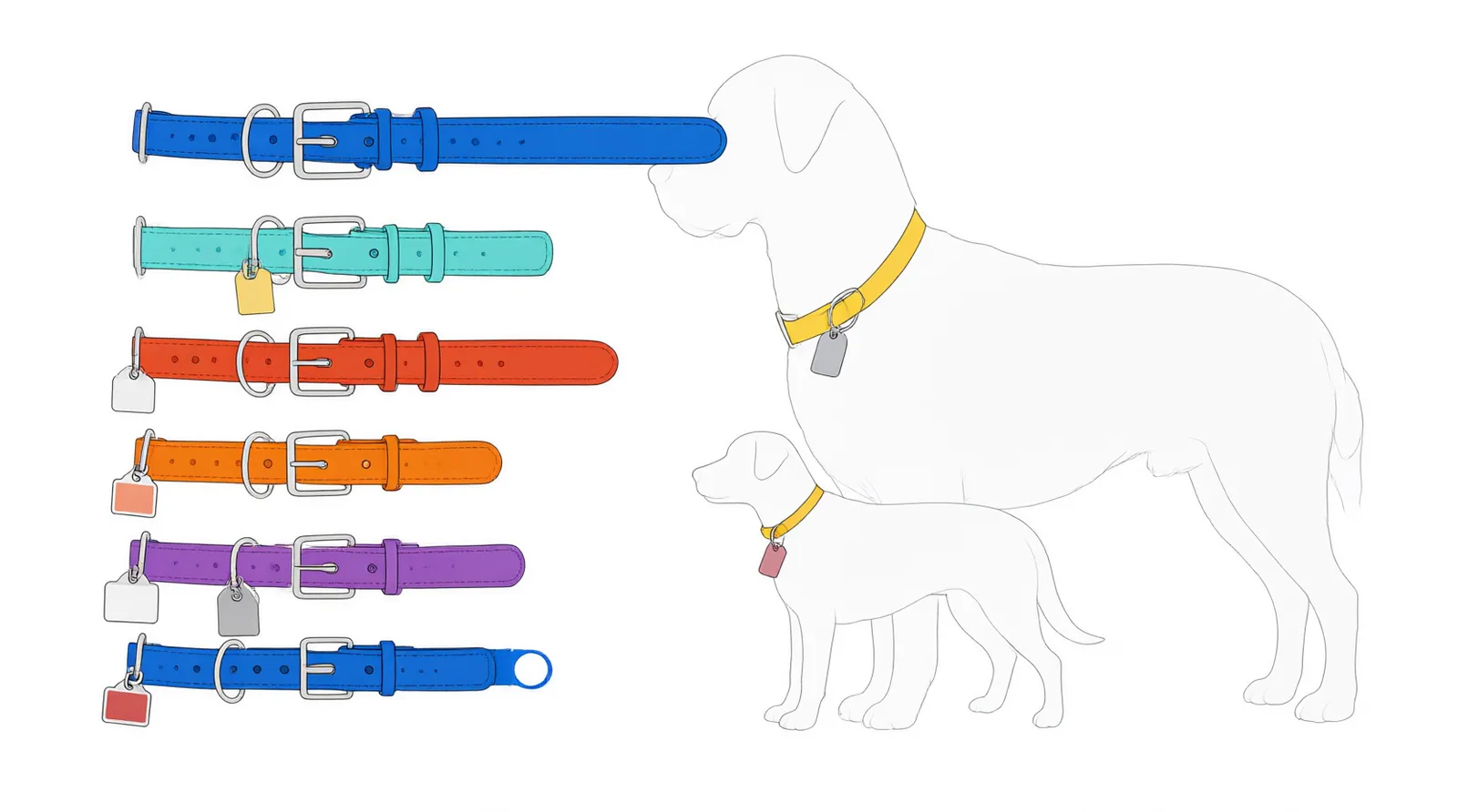 collares personalizados perro - Diagrama técnico que muestra las medidas de ancho de un collar para perro (50 mm, 40 mm, 30 mm, 25 mm y 20 mm) junto a las siluetas correspondientes de razas grandes, medianas, pequeñas y mini, incluyendo la ubicación de la hebilla y la placa de personalización