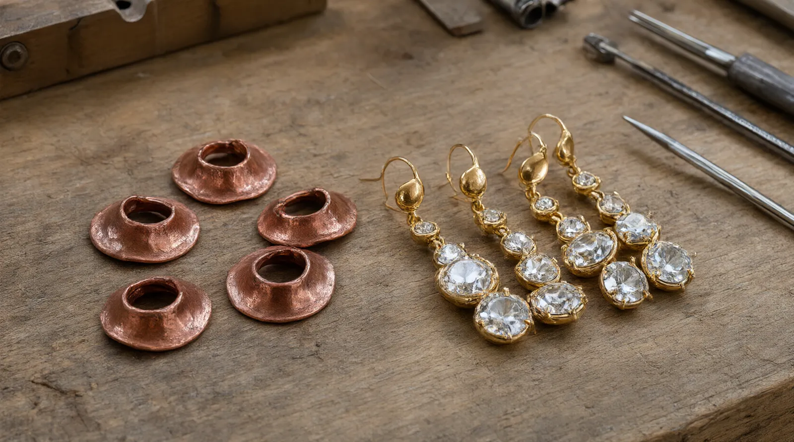 custom jewelry - A photorealistic close-up of a workbench showing raw copper earring bases next to finished gold-plated and rhodium-plated gradient crystal drop earrings, illustrating the material transformation in custom OEM manufacturing