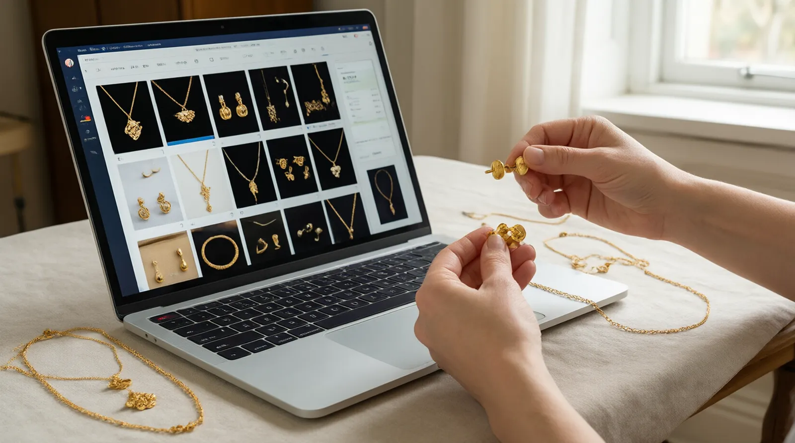 custom jewelry - An editorial photo showing a DTC brand owner reviewing physical jewelry samples—stud earrings and necklace sets—on a table alongside a laptop displaying a supplier's 114-style digital catalog