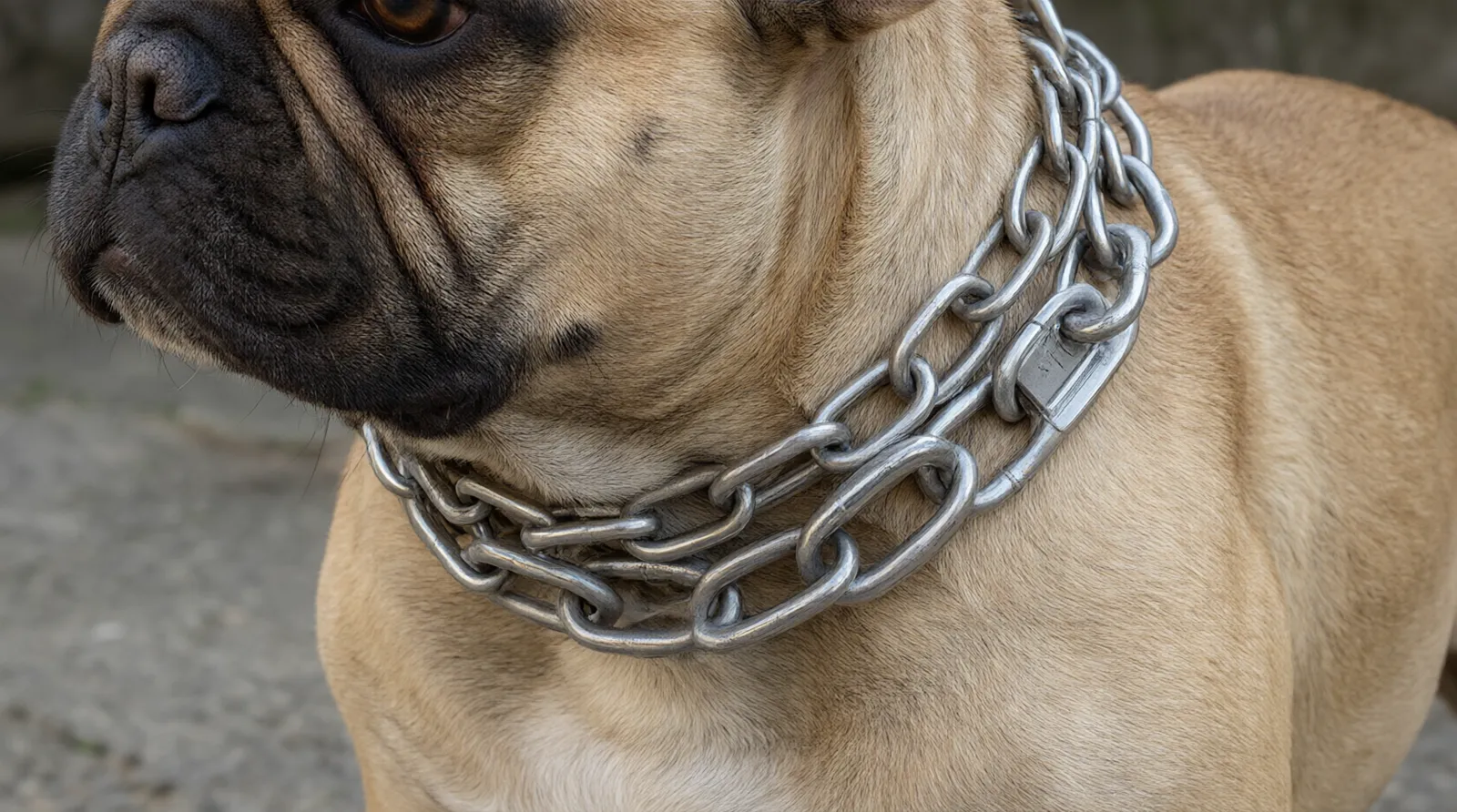 collares para perros personalizado - Fotografía editorial de un perro bulldog francés usando un collar de cadena metálica personalizada con acabados de joyería, mostrando el nivel de detalle en los eslabones y la placa grabada