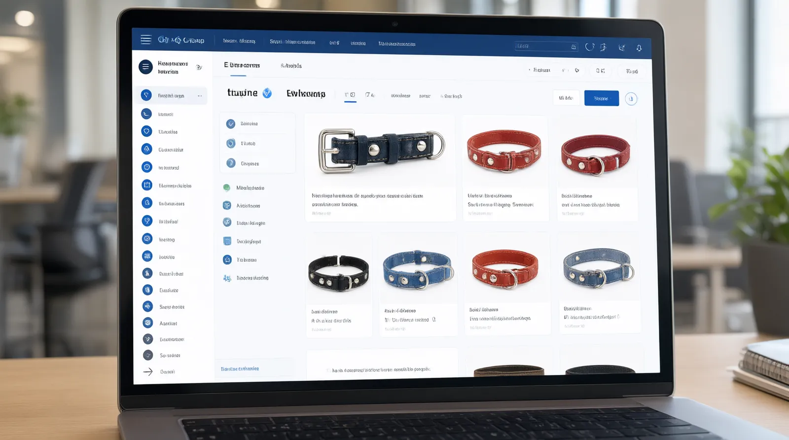 collares para perros personalizado - Interfaz de usuario simulada de un portal de compras B2B mostrando filtros para seleccionar collares para perros personalizado por tipo de material, cantidad mínima de pedido (MOQ) y método de envío internacional