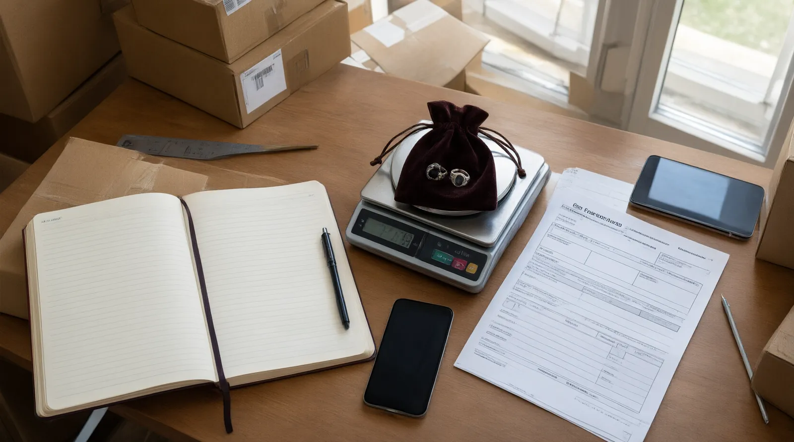 men's jewelry - Top-down editorial photo of a logistics workspace: an open notebook with hand-drawn shipping routes from Shenzhen to Los Angeles, a digital scale weighing a small velvet pouch containing men's jewelry, a printed customs declaration form, and a smartphone showing tracking updates, natural window light, authentic working environment