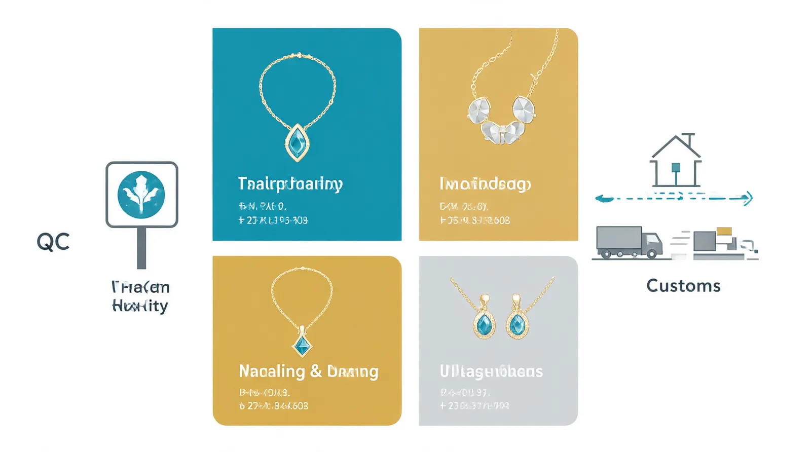 import export hoch - Informational diagram showing the cross-border supply chain flow for importing crafted jewelry from China to the US, EU, UK and MENA, flat design with distinct teal/gold/gray color zones, simple icons for workshop, QC inspection, freight, and customs, white background