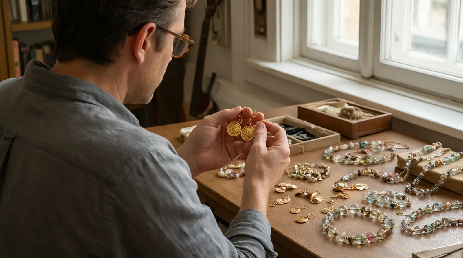 import export hoch - Photorealistic over-the-shoulder shot of a procurement specialist examining gold-plated copper drop earrings and glass bead necklace sets at a wooden desk, natural window light, shallow depth of field, documentary photography style