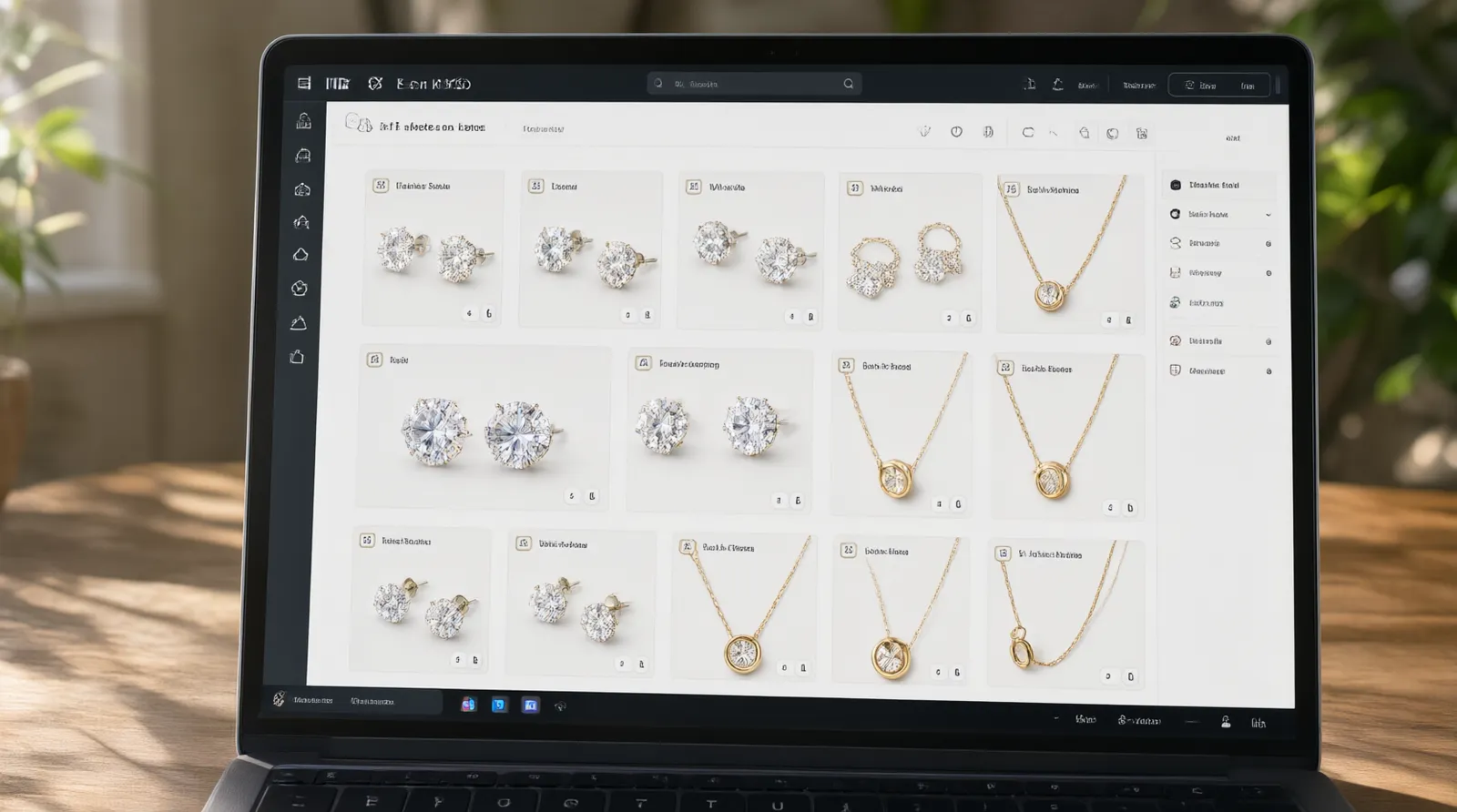 import export hoch - Annotated UI mockup of a modern B2B wholesale ordering interface on a laptop screen, showing a catalog grid of vintage crystal stud earrings and gradient necklace sets with MOQ indicators and material tags like gold-plated copper, soft daylight reflection on screen