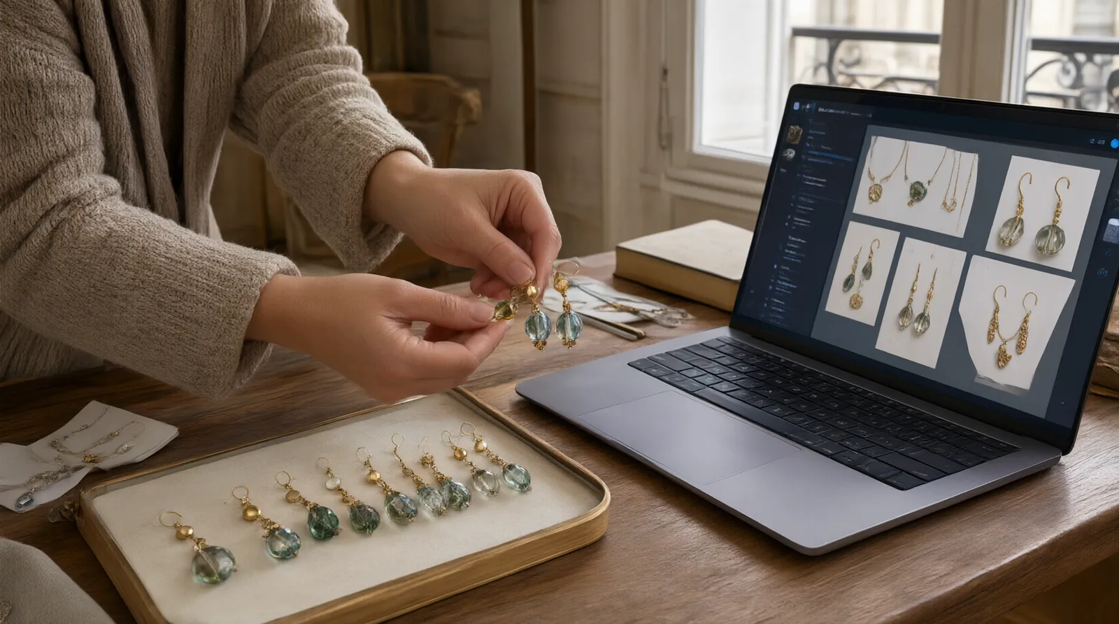 soldes bijoux - Scène photoréaliste d'une responsable des achats dans un bureau parisien examinant des échantillons de boucles d'oreilles pendantes en cuivre plaqué or et perles de verre, avec un catalogue de styles ouvert sur son écran
