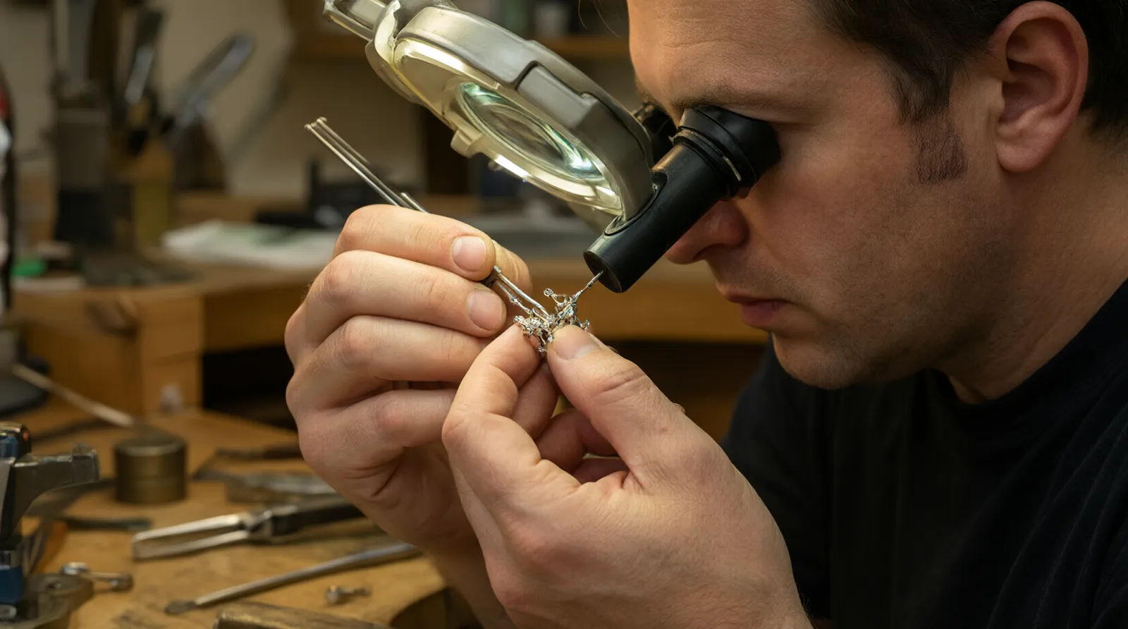 custom jewelry - A photorealistic close-up of a quality control inspector examining the prong settings and rhodium plating on a tray of custom-manufactured stud earrings under magnification lighting