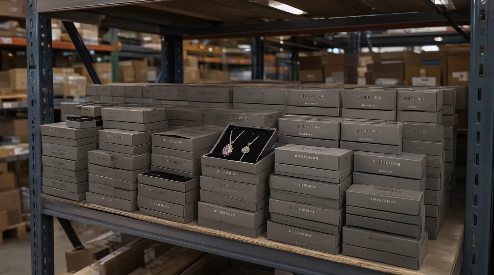 custom jewelry - An editorial photo showing a neatly organized DTC warehouse shelf stocked with branded boxes containing custom-manufactured necklace and earring sets ready for fulfillment