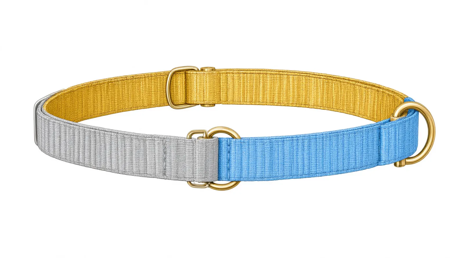collares perros personalizados - Diagrama informativo que desglosa la anatomía de un collar para perro personalizado de grado joyería, señalando el núcleo de nylon, el revestimiento de algodón estampado, el cierre click de aleación metálica chapada y la anilla de la correa a juego