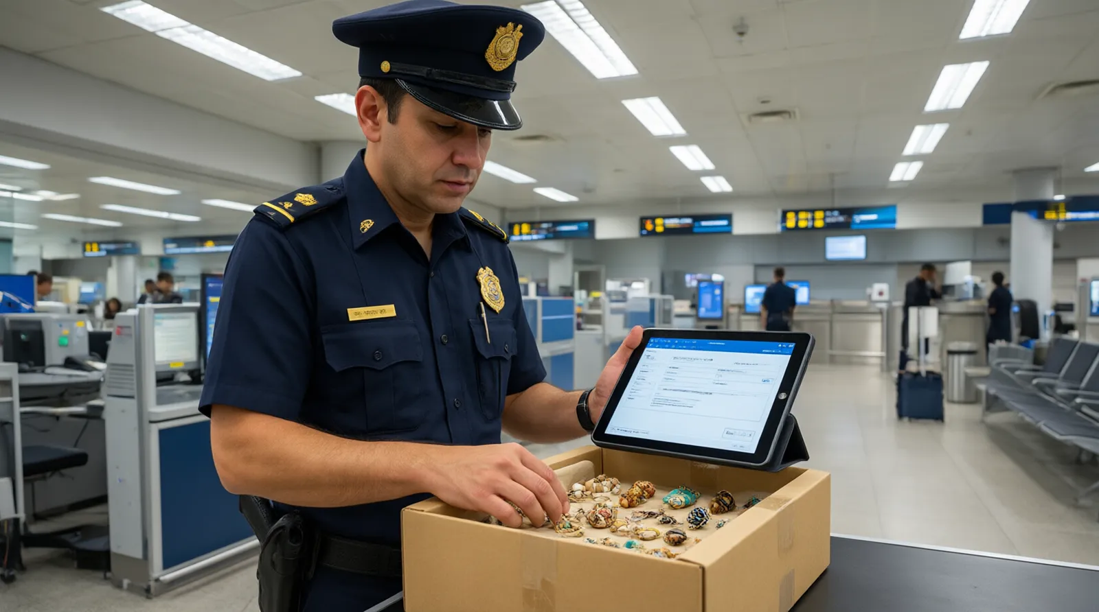 zoll china - Fotorealistische Szene eines deutschen Zollamts am Flughafen Frankfurt, in der ein Zollbeamter ein Paket mit Modeschmuck aus China anhand einer digitalen Deklaration auf einem Tablet prüft