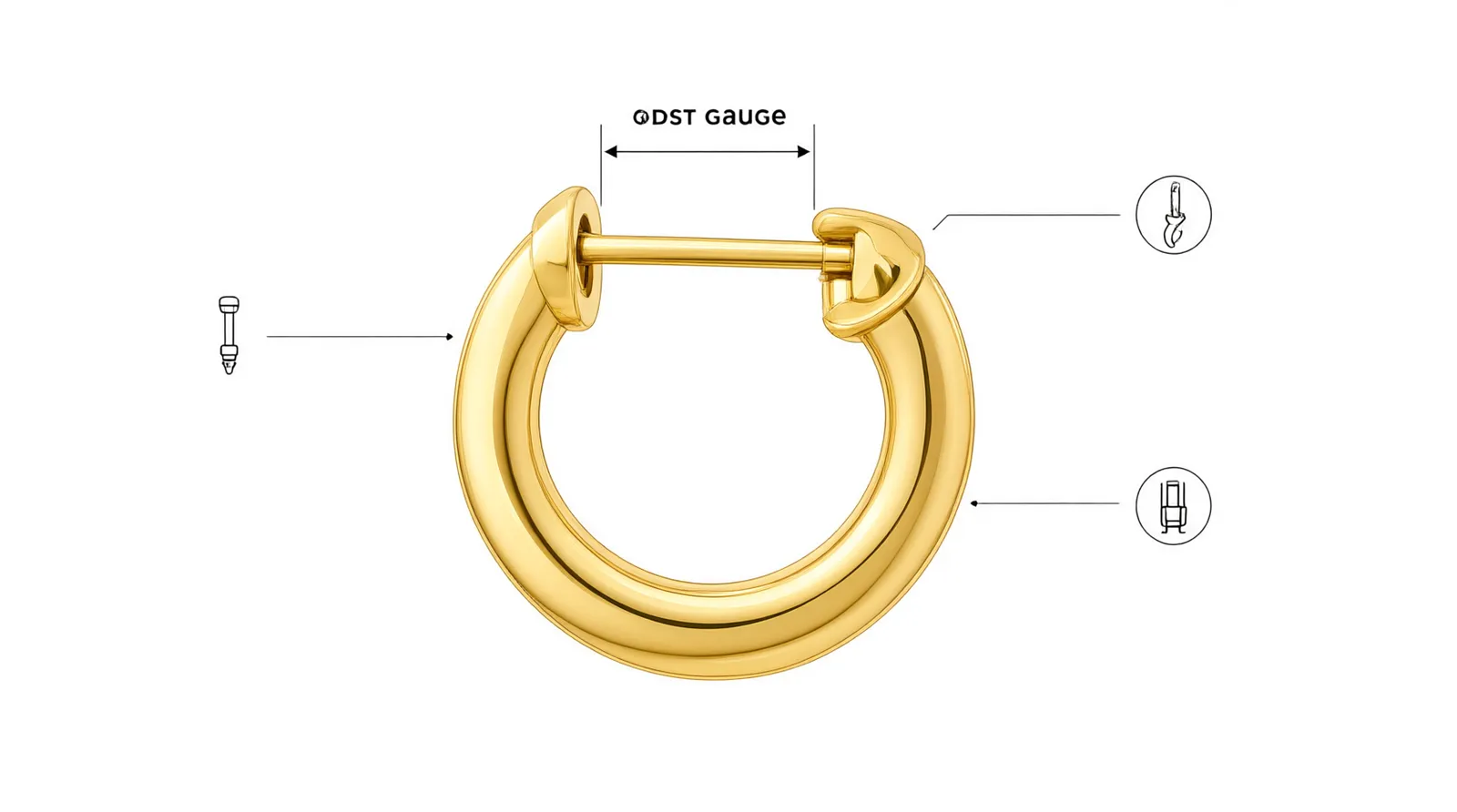 14k gold hoop earrings - An annotated informational diagram breaking down the anatomy of a 14k gold huggie hoop, labeling the post gauge, hinge pin, locking catch, inner diameter, and outer diameter with measurement callouts