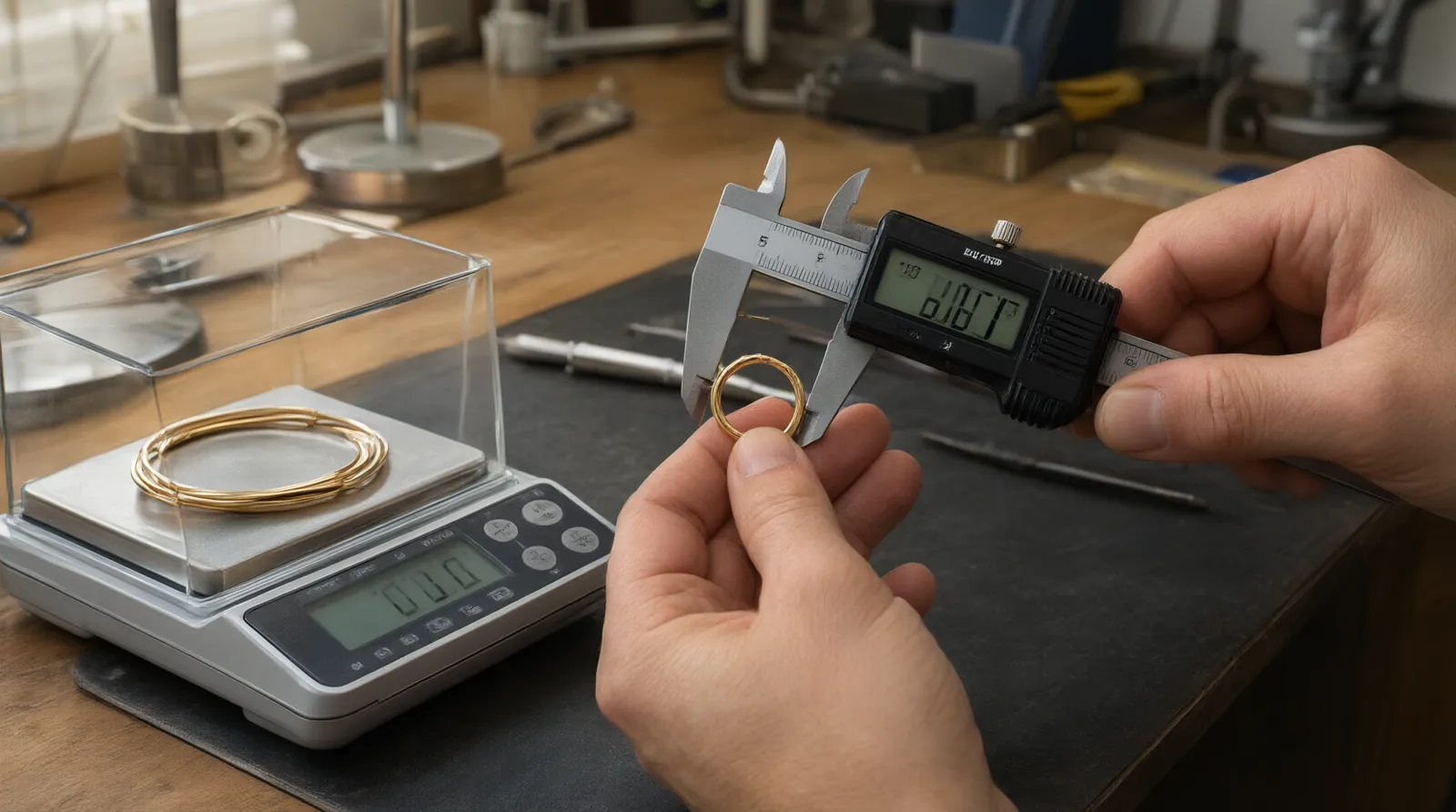 14k gold hoop earrings - An editorial photo showing a jeweler's hands using digital calipers to measure the exact wire thickness of a 14k gold hoop earring next to a precision gram scale displaying the weight
