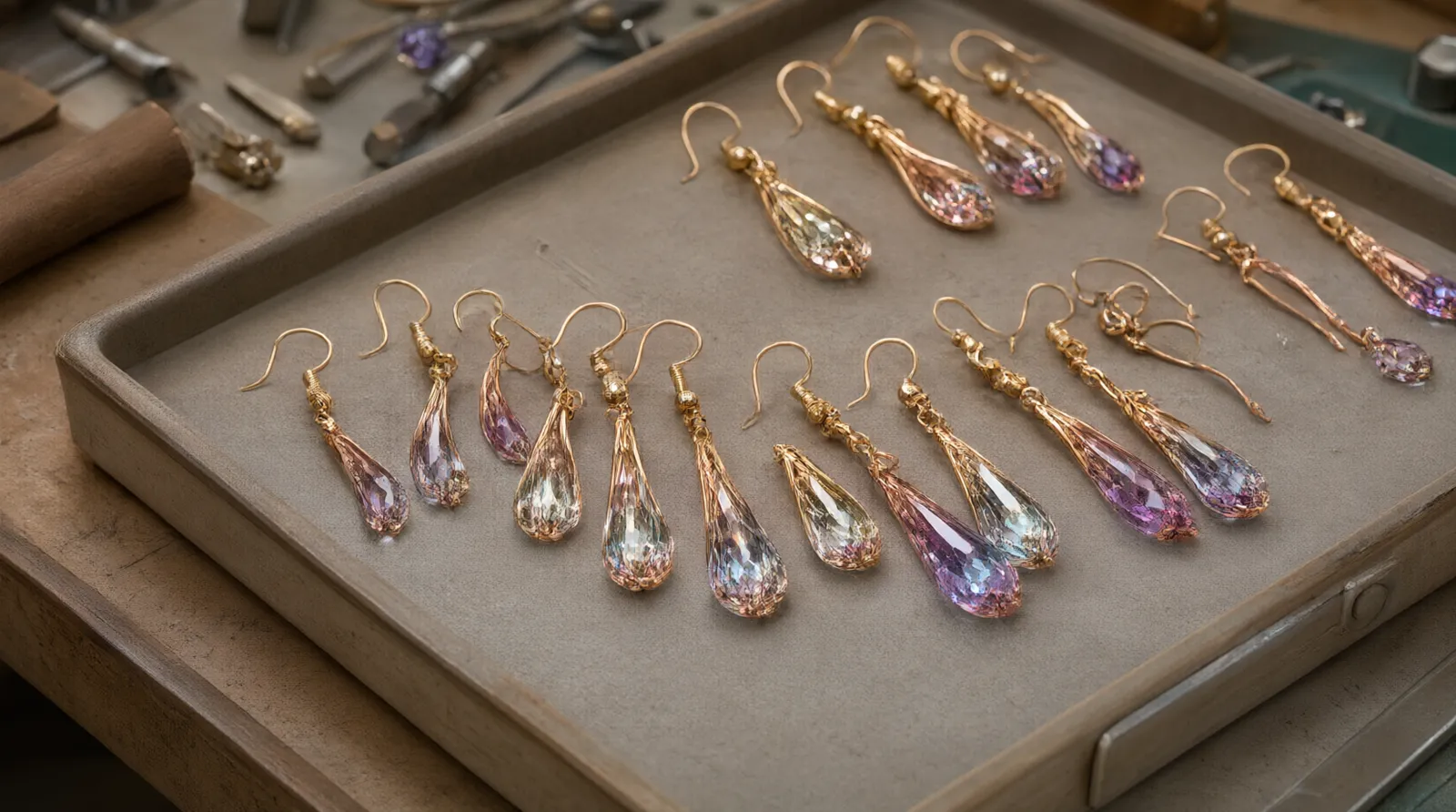 bijoux espagnol - Photo photoréaliste d'un étalage professionnel présentant des boucles d'oreilles pendantes en cuivre plaqué or avec cristaux dégradés et perles de verre bicolores, prêtes pour l'expédition B2B avec étiquettes de contrôle qualité visibles
