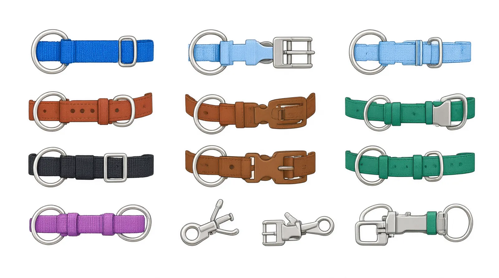 collares para perros - Diagrama informativo que muestra los diferentes tipos de cierres (clic vs hebilla) y materiales (nailon, cuero, neopreno) utilizados en accesorios caninos, con anotaciones sobre resistencia y comodidad