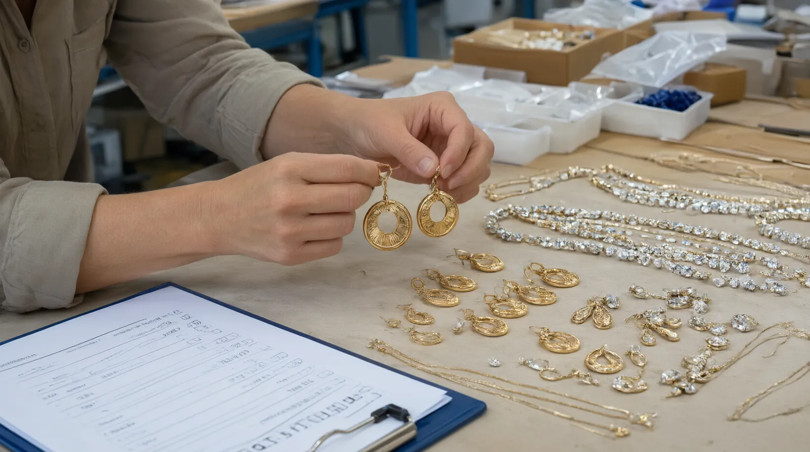 custom jewelry - Photorealistic scene showing a procurement manager reviewing gold-plated copper drop earrings and gradient crystal necklace sets laid out on a factory inspection table in Hangzhou, with a clipboard detailing QC checkpoints