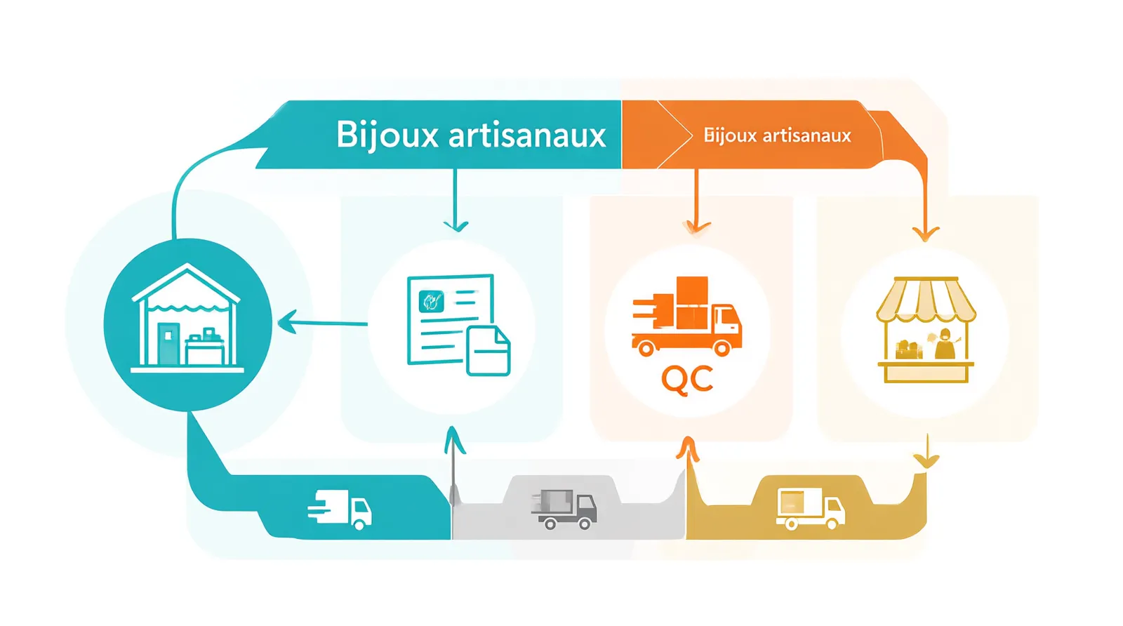 bijoux artisanaux - Clean flat-design infographic showing the cross-border supply chain for bijoux artisanaux, with four distinct color zones (teal, orange, gray, gold). Icons represent the Chinese workshop, QC inspection, international shipping methods (air/sea/express), and the final DTC retail store in US/EU/MENA. White background, no text labels.