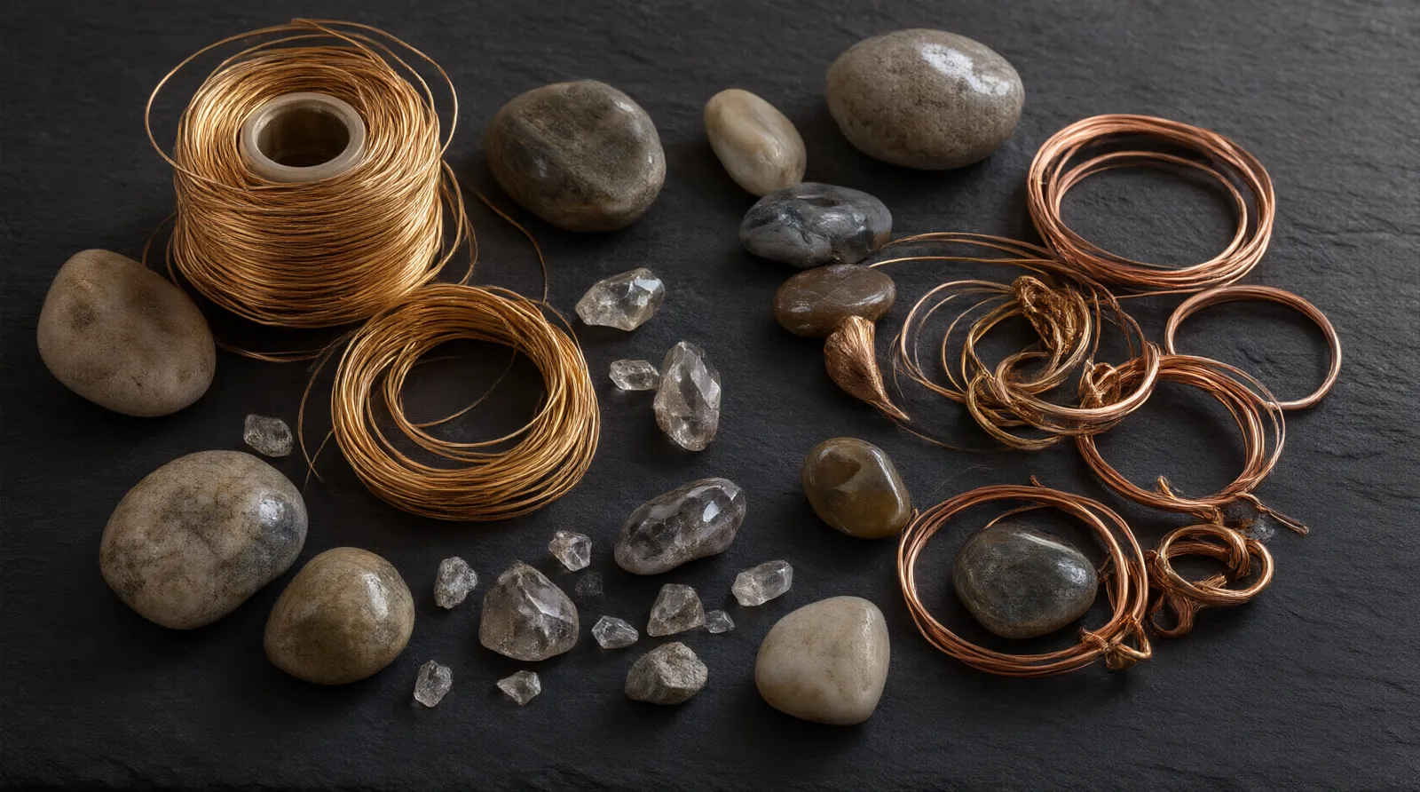 bijoux artisanaux - Editorial conceptual photo showing a top-down arrangement of raw materials used in bijoux artisanaux: spools of gold-plated copper wire, loose gradient crystals, natural stones resembling polished river pebbles, and glass beads scattered on a dark slate surface. Soft directional lighting highlights the textures, symbolizing the transformation from raw elements to finished craft.