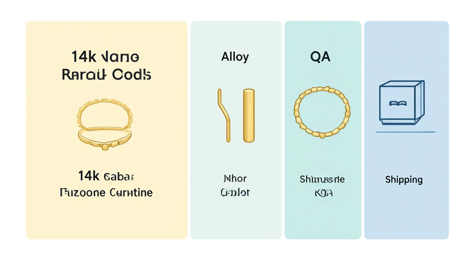 solid gold jewelry - Clean flat-design infographic showing the cost breakdown of sourcing 14k solid gold jewelry, with distinct color zones for raw gold alloy cost, factory labor, quality assurance, and shipping, using simple icons for each stage, white background