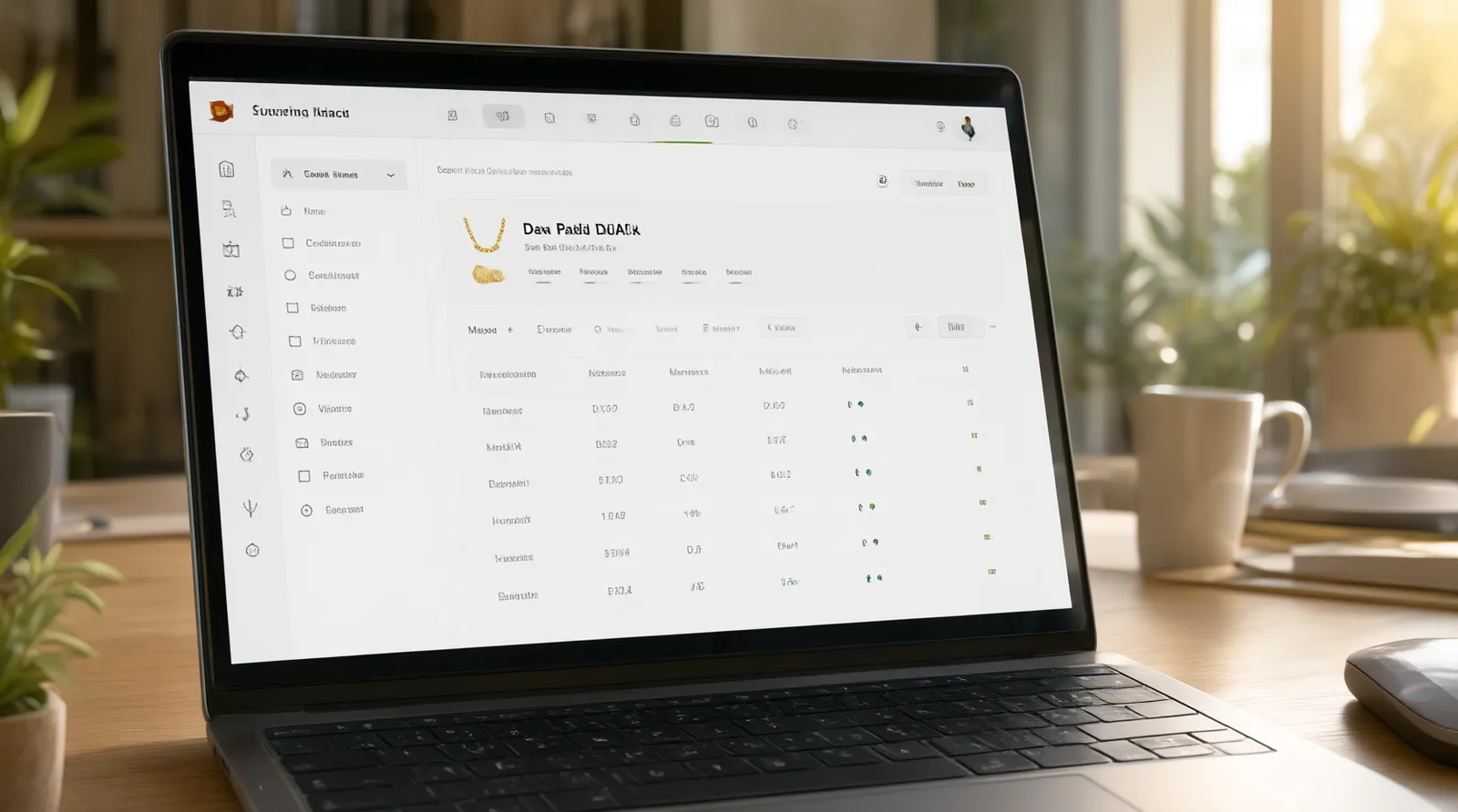solid gold jewelry - Annotated UI mockup of a modern B2B sourcing dashboard on a laptop screen, displaying a supplier profile for solid gold jewelry with tabs for 'Assay Reports', 'MOQ Tiers', and 'Sample Status', soft daylight reflection on screen