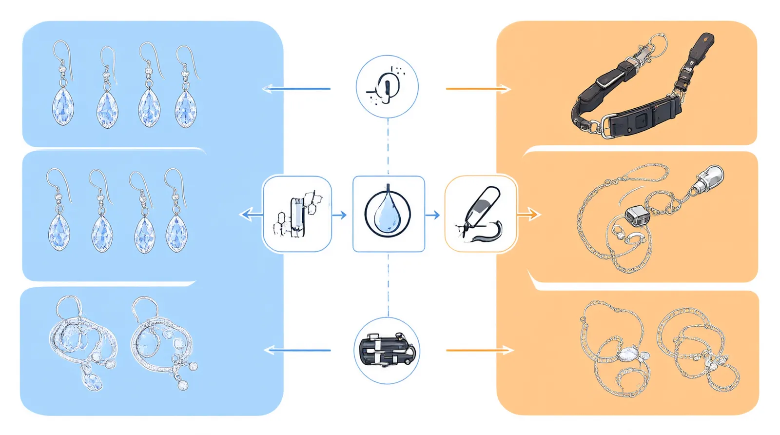 collares de adiestramiento para perros - Diagrama informativo que compara el flujo de abastecimiento OEM desde China para pendientes de cristal y collares de adiestramiento para perros, mostrando puntos de control de calidad compartidos