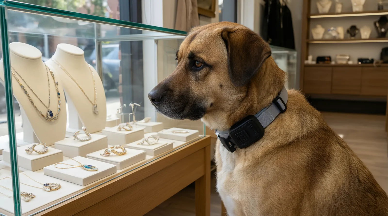 collares de adiestramiento para perros - Fotografía editorial de un perro mediano usando un collar de adiestramiento con mando a distancia, colocado estratégicamente junto a una vitrina de exhibición de joyería de moda para mostrar la coexistencia de ambos nichos en una tienda DTC