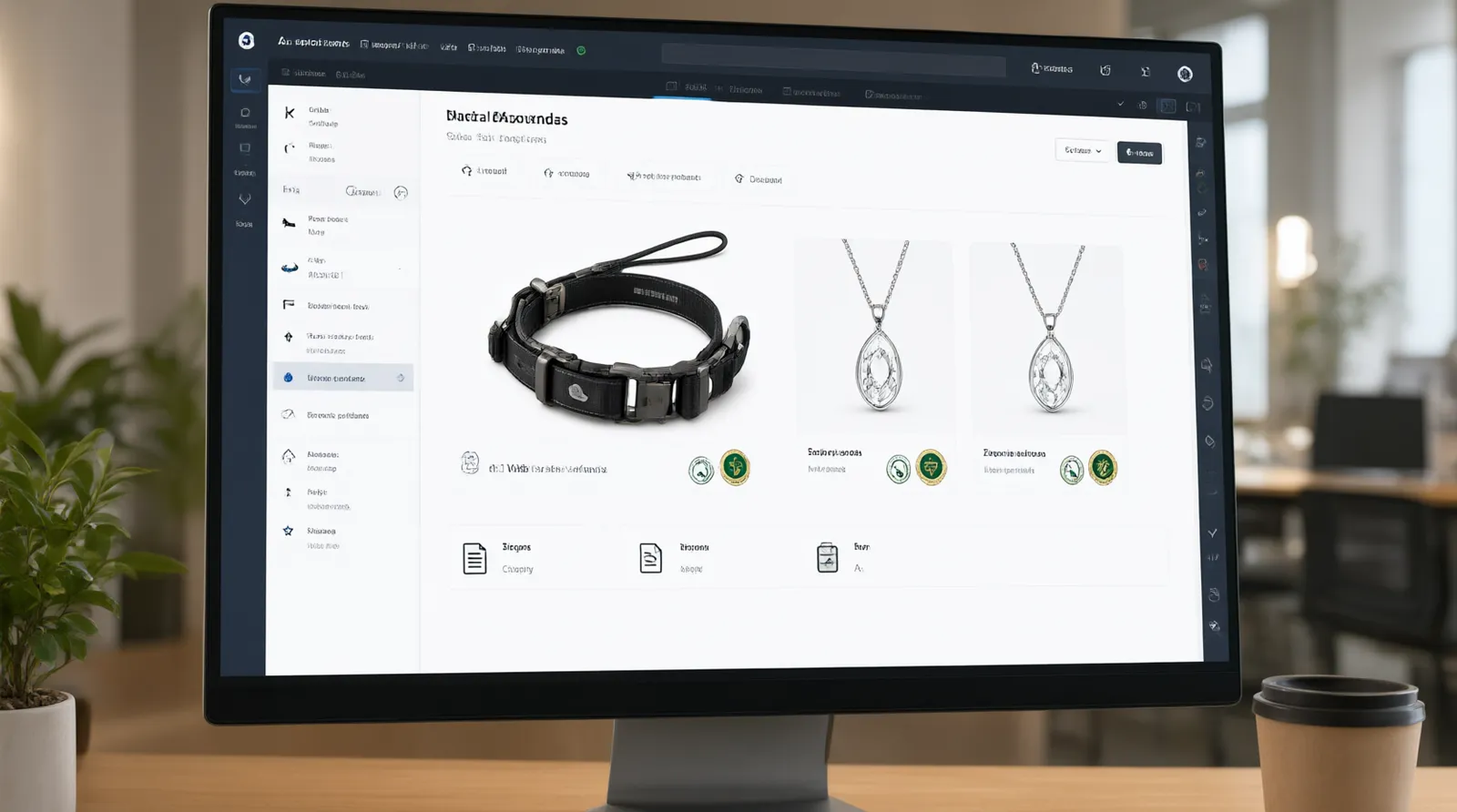 collares de adiestramiento para perros - Interfaz de usuario (UI mockup) de un panel de gestión de inventario B2B mostrando una orden consolidada de pendientes de circonita y collares de adiestramiento para perros, con indicadores de estado de envío FOB y certificaciones adjuntas