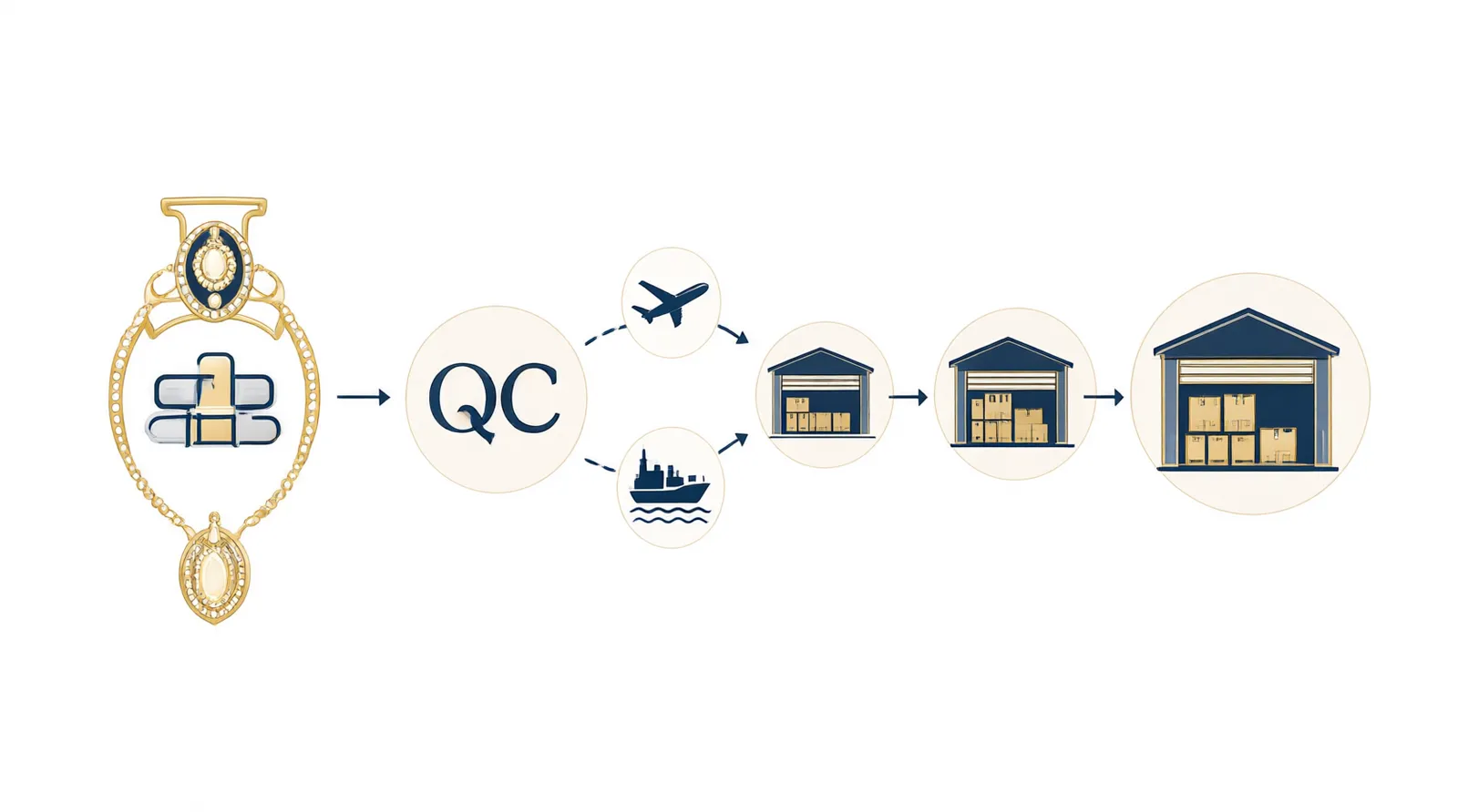 custom jewelry - An annotated diagram showing the supply chain flow of custom jewelry from a Hangzhou-based workshop through QC inspection, export logistics (air/sea/express), and final delivery to DTC warehouses in the US, EU, and MENA