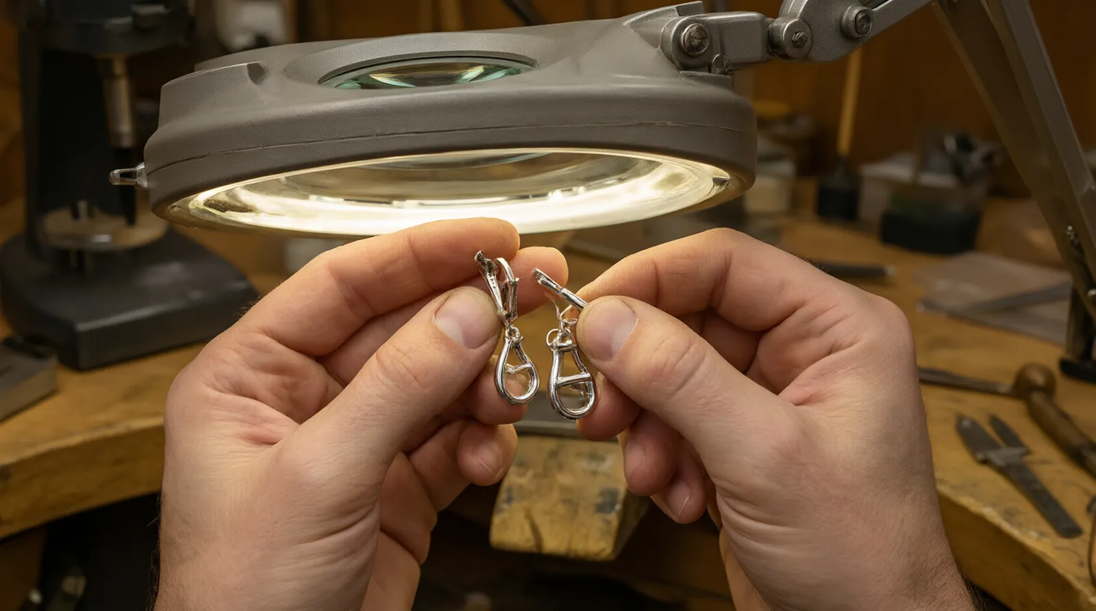 custom jewelry - Photorealistic close-up of a quality control inspector examining the clasp mechanism and rhodium plating consistency on a batch of custom-manufactured drop earrings under magnification lighting