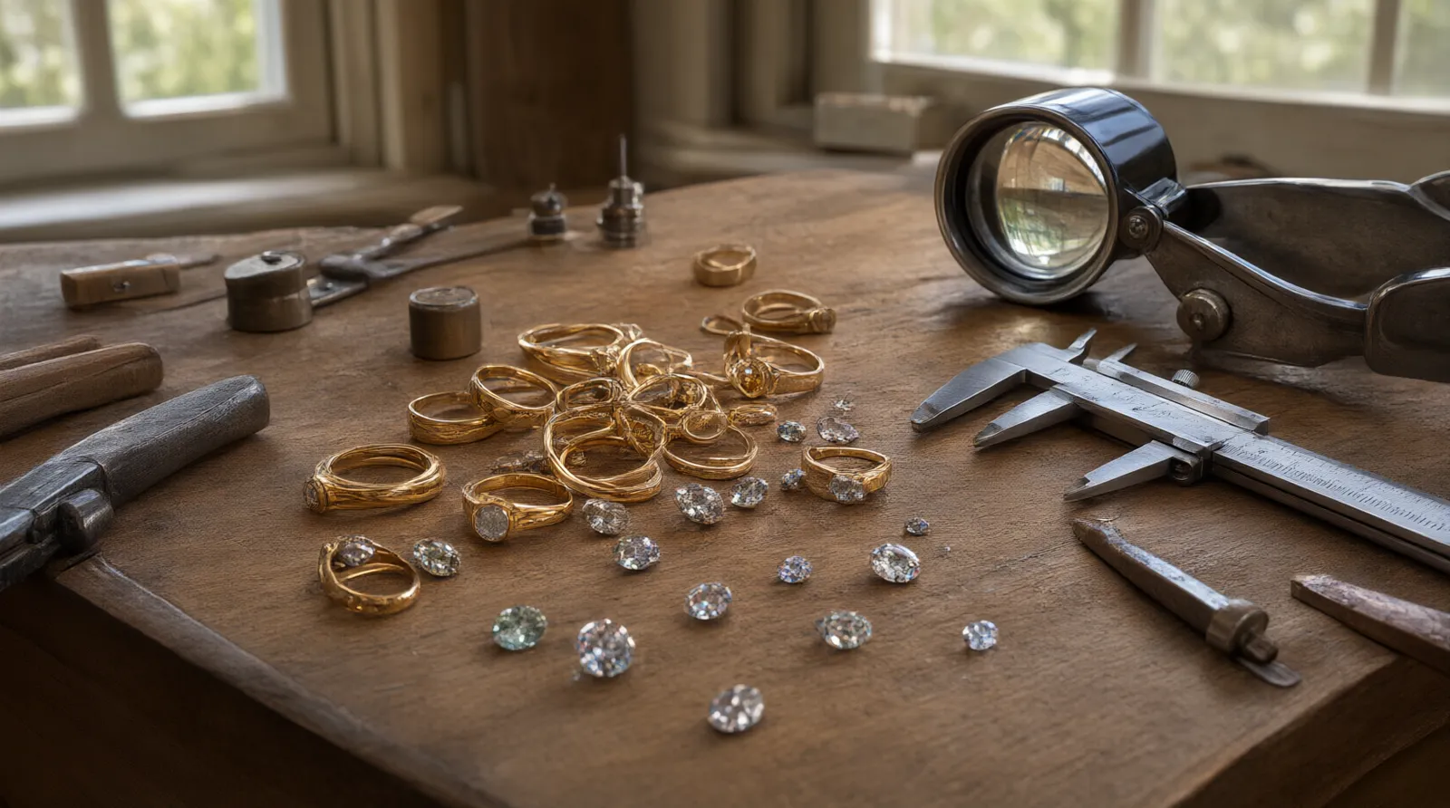 luxury jewelry brand - Photorealistic editorial photo showing a jeweler's workbench with scattered gold rings, loose gemstones, calipers, and a loupe, illustrating the physical craftsmanship behind a luxury jewelry brand