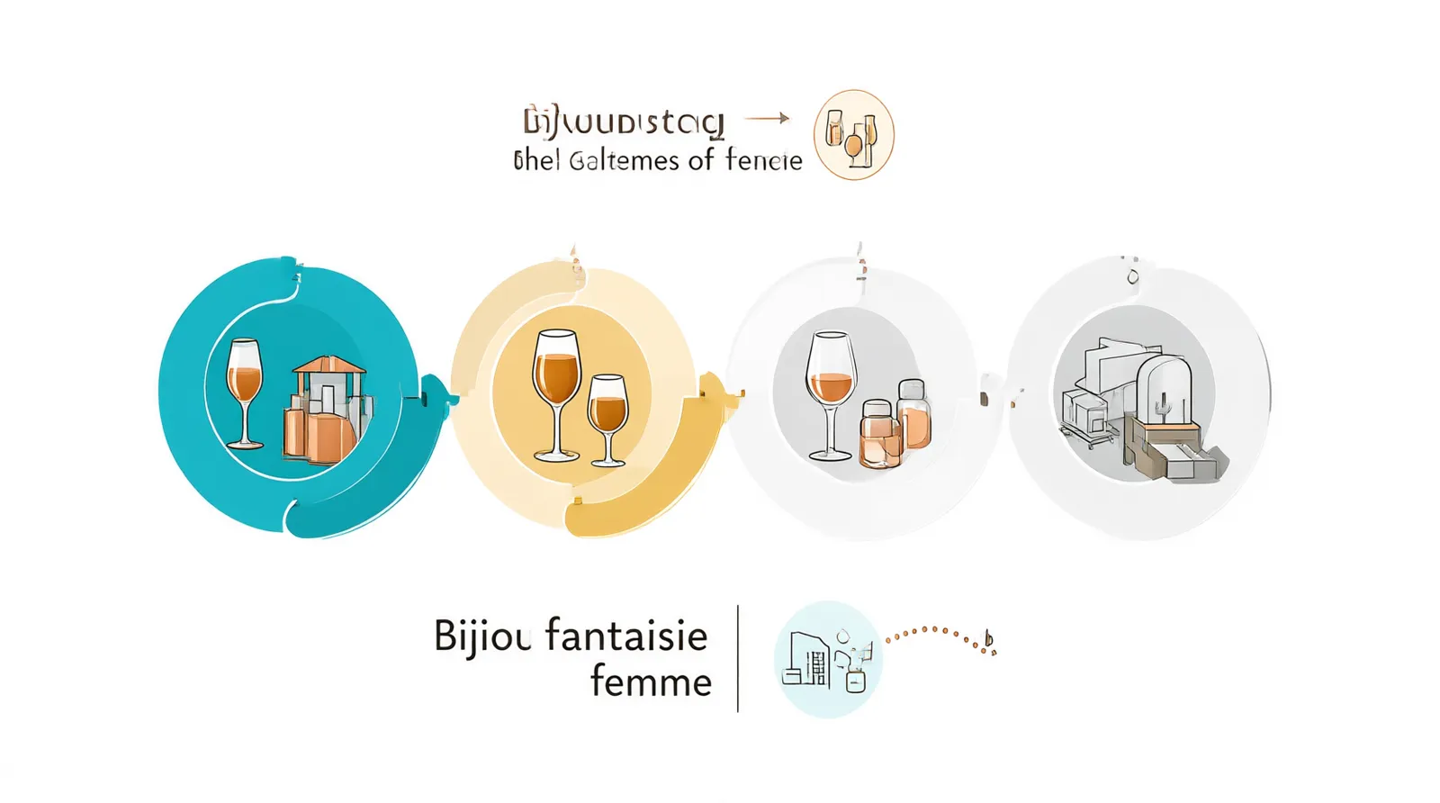 bijou fantaisie femme - Clean flat-design infographic showing the four stages of sourcing fashion jewelry for DTC stores: 1. Material Selection (copper/glass icons), 2. Low MOQ Ordering (number 12 icon), 3. QC Inspection (checkmark icon), 4. Global Shipping (airplane/ship icons). Distinct teal, warm gold, and soft gray color zones, white background, no text labels inside the graphic elements